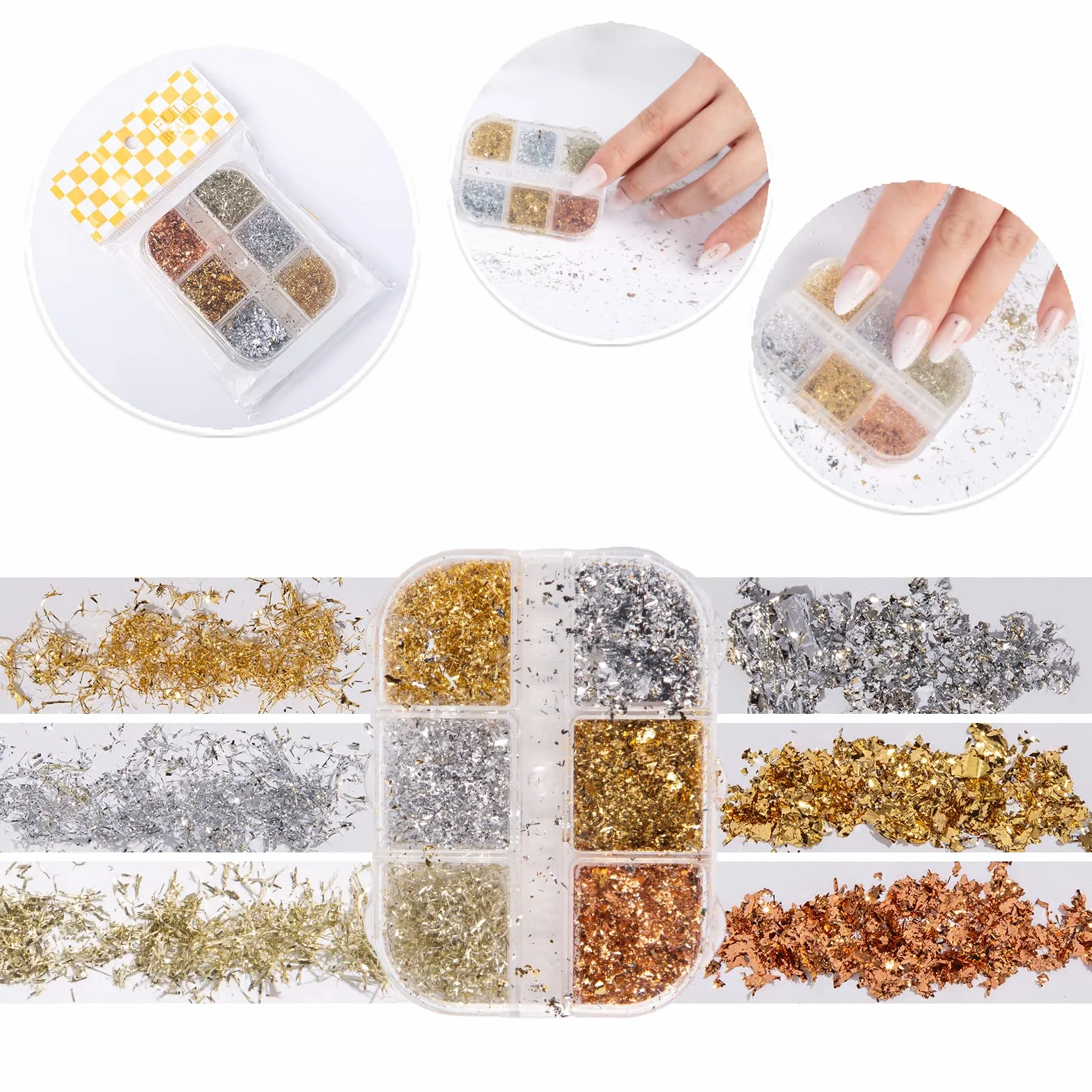 HOINCO Paillette à Ongles Feuille Holographique 2 Boîtes 12 Grilles Argent Cuivre Or Flocons Mixte