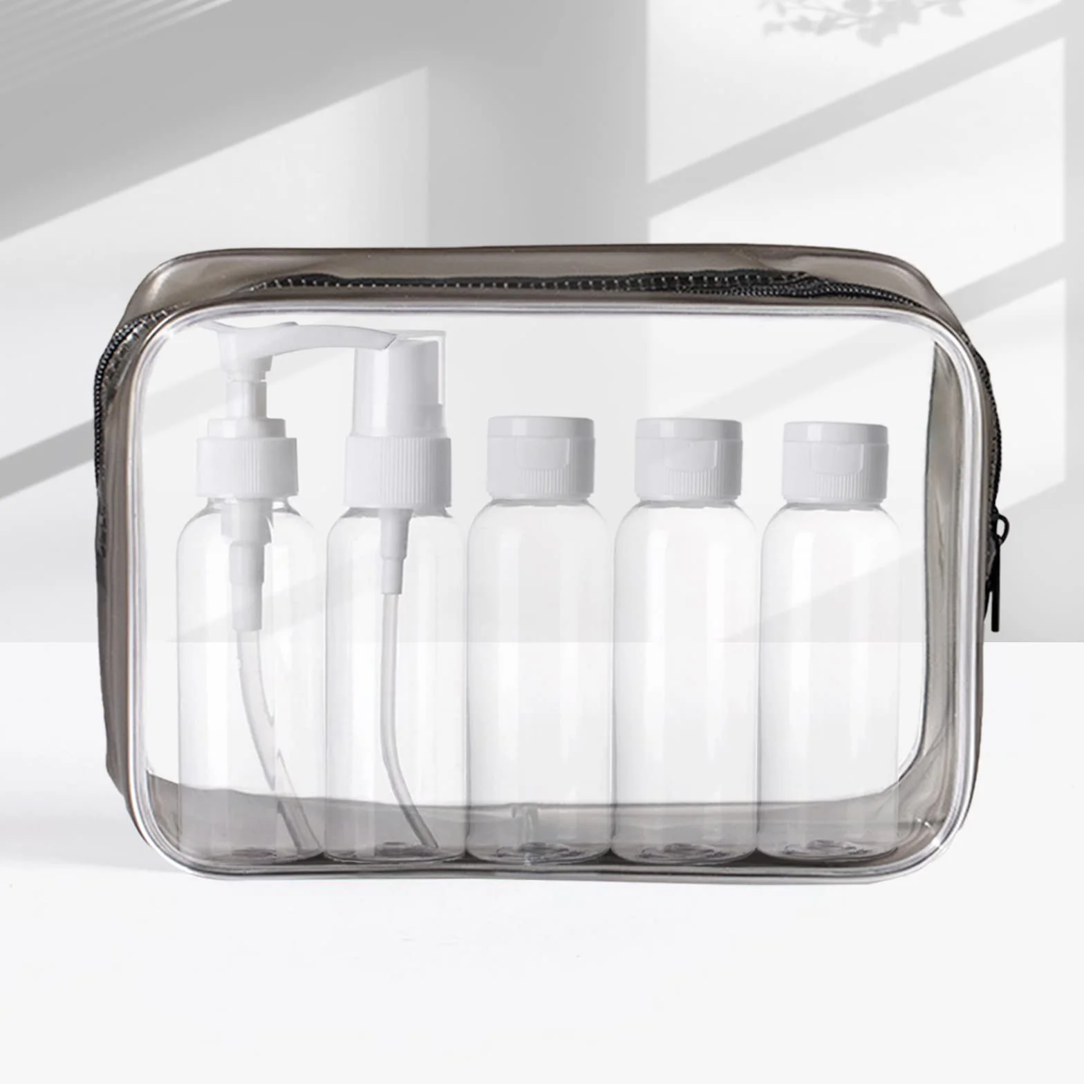 KEYRI Kit Voyage Avion Bouteille Cosmetique 100ml Flacon Étanche Rechargeable Spray Transparent pour Liquides Set de Toilette Noir