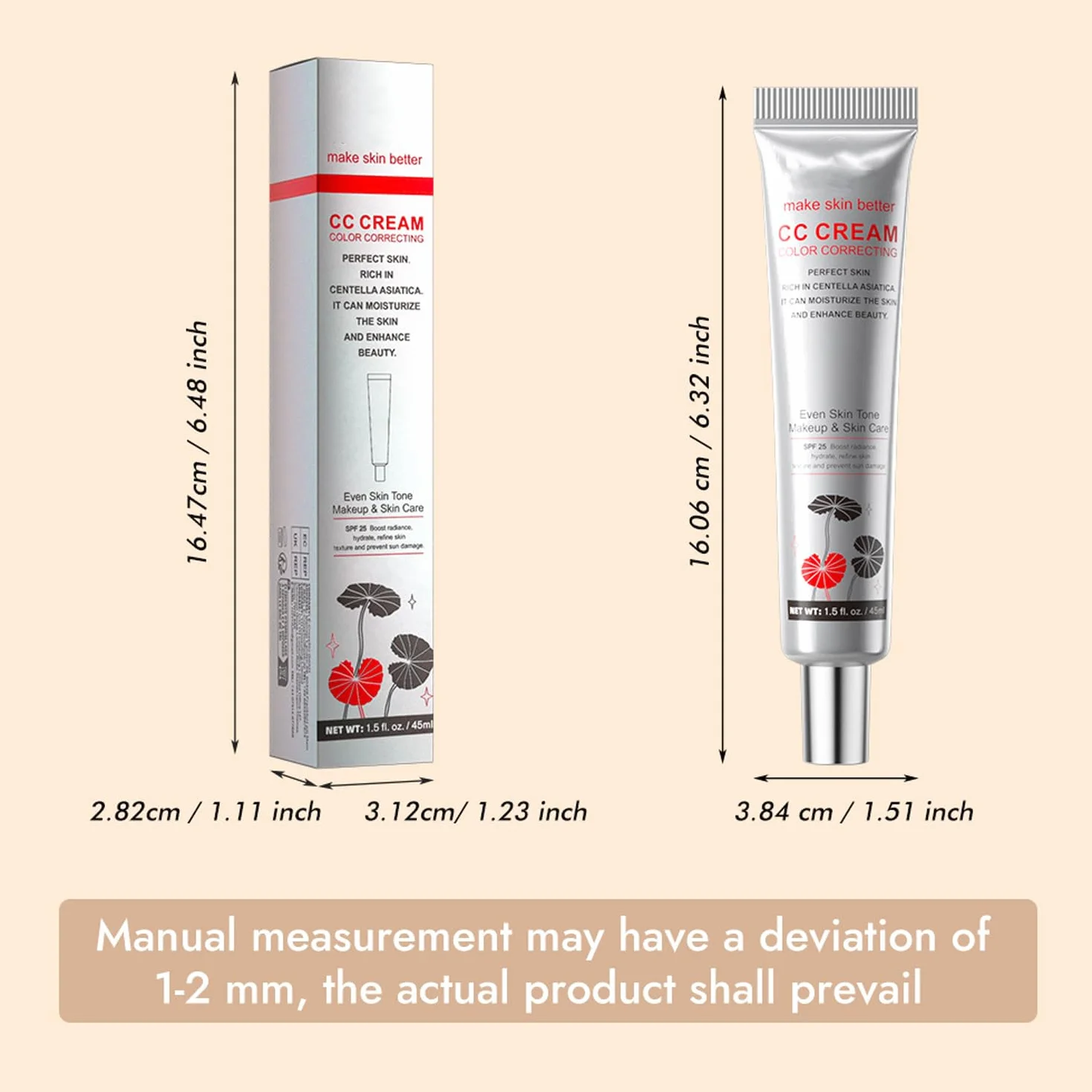 CC Cream Crème Correctrice de Teint SPF 25 Hydratant Teinté Léger Tenue Longue Effet Lissant Illuminateur DARK 45ml