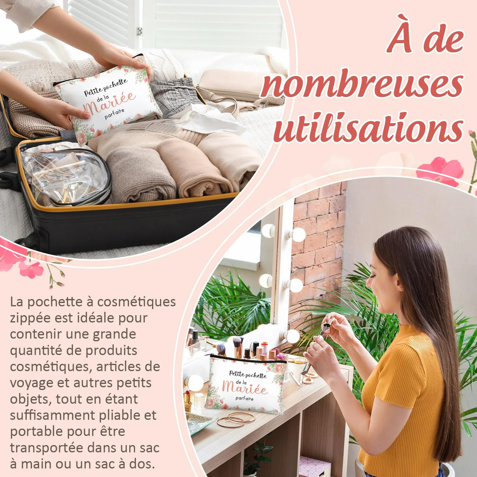 Pochette à Cosmétiques Zippée pour Mariée Trousse de Maquillage Cadeau de Mariage