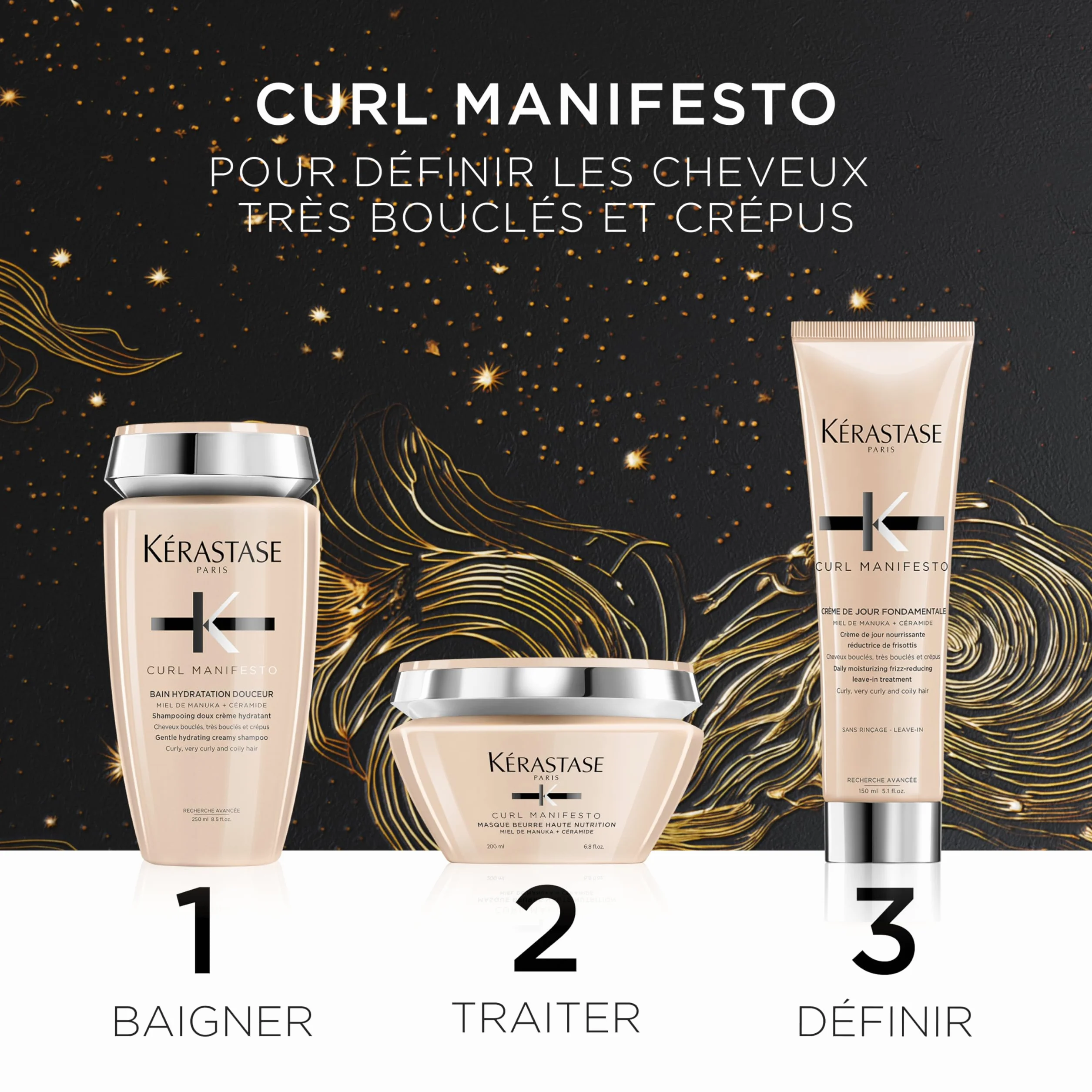 KÉRASTASE Curl Manifesto Coffret Bain Hydratation Douceur Masque Beurre Haute Nutrition Crème de Jour Fondamentale Miel de Manuka Céramide Cheveux Bouclés Frisés Crépus