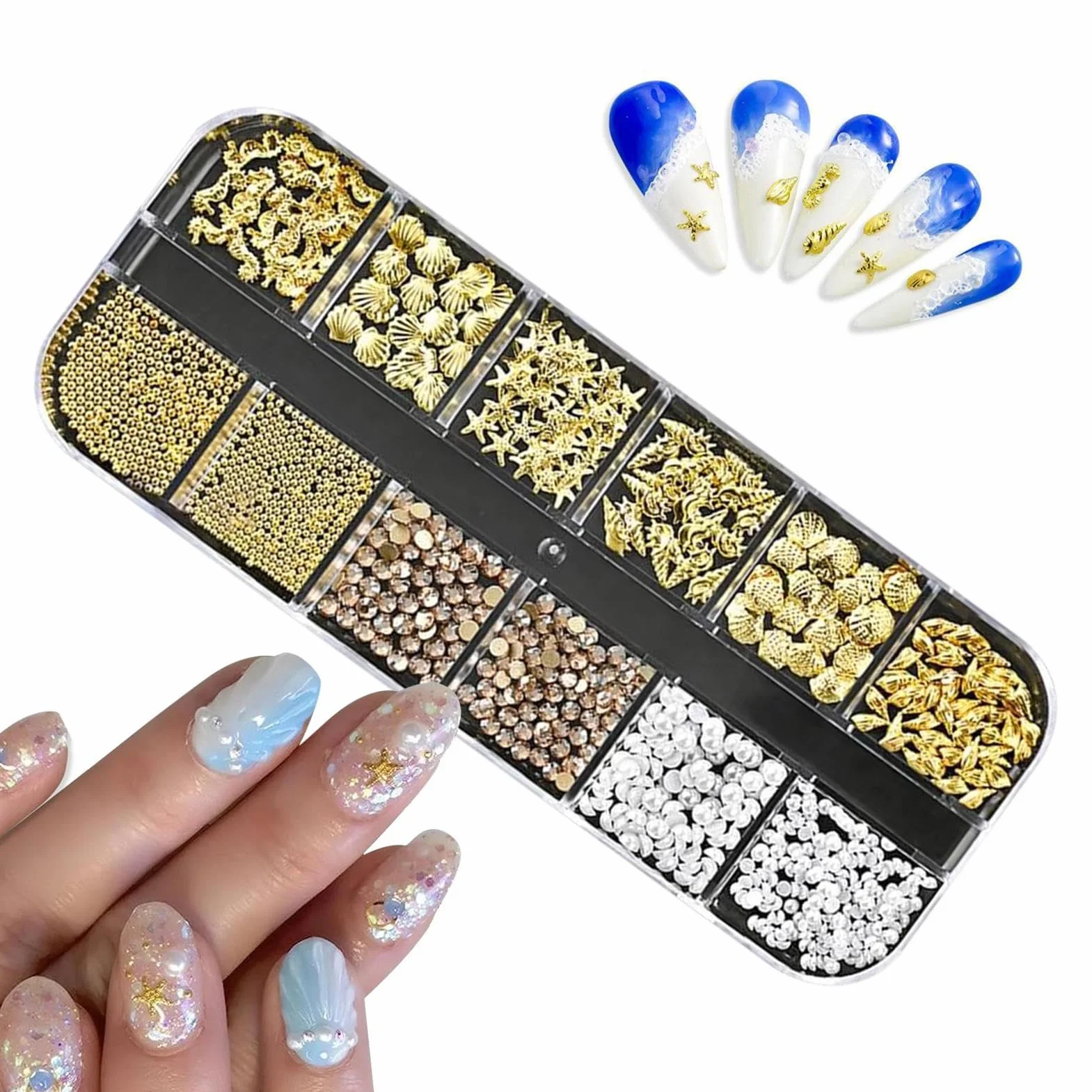 Kit de Manucure Strass Thème Mer, Charmes 3D Perles Coquilles Étoiles pour Ongles