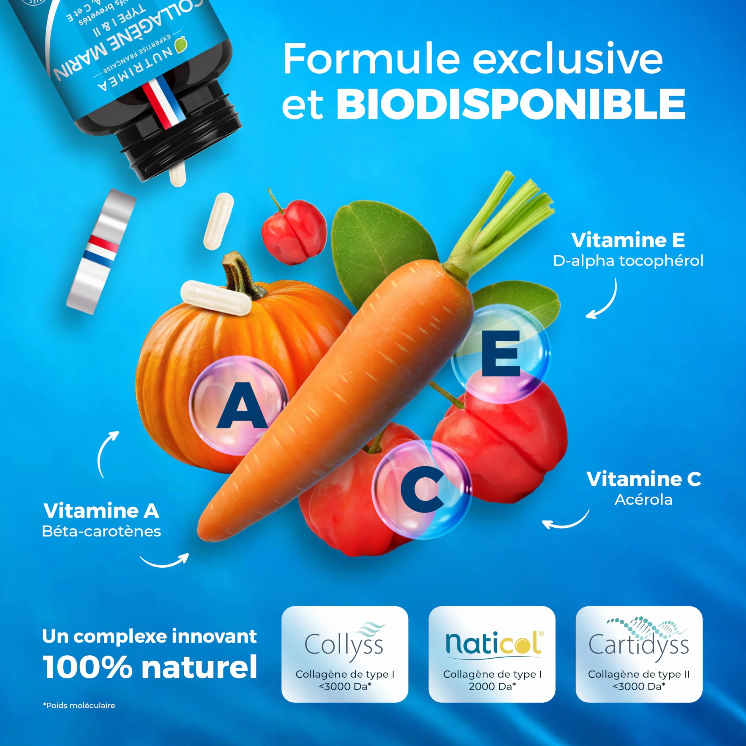 Nutrimea Collagene Marin Types I & II Brevetés 900 mg 90 Gélules Vitamines A C E Végétales Fabriqué en France