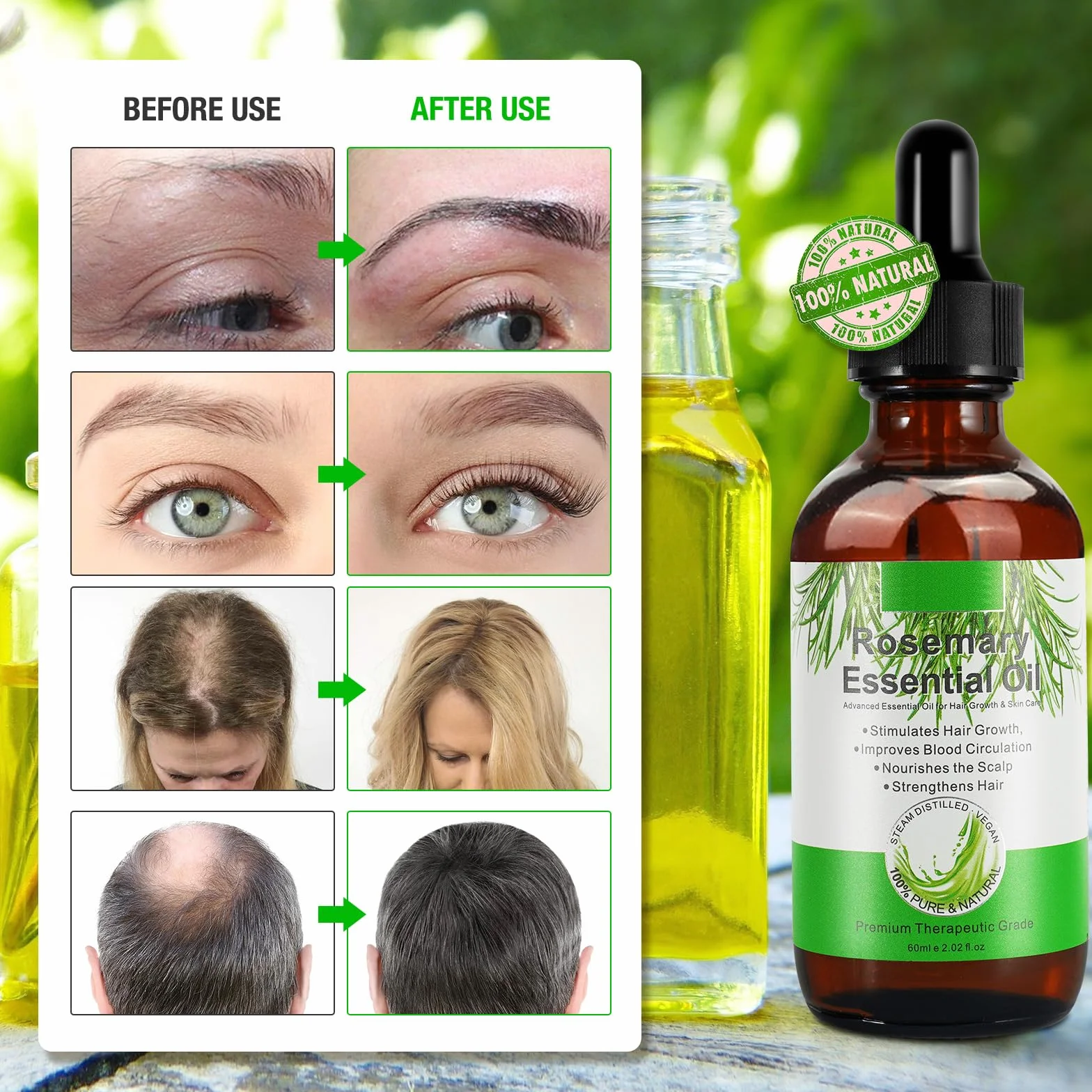 Huile de Romarin 60ml Masseur Cuir Chevelu 100% Pure Essentielle Croissance Cheveux Cils Sourcils