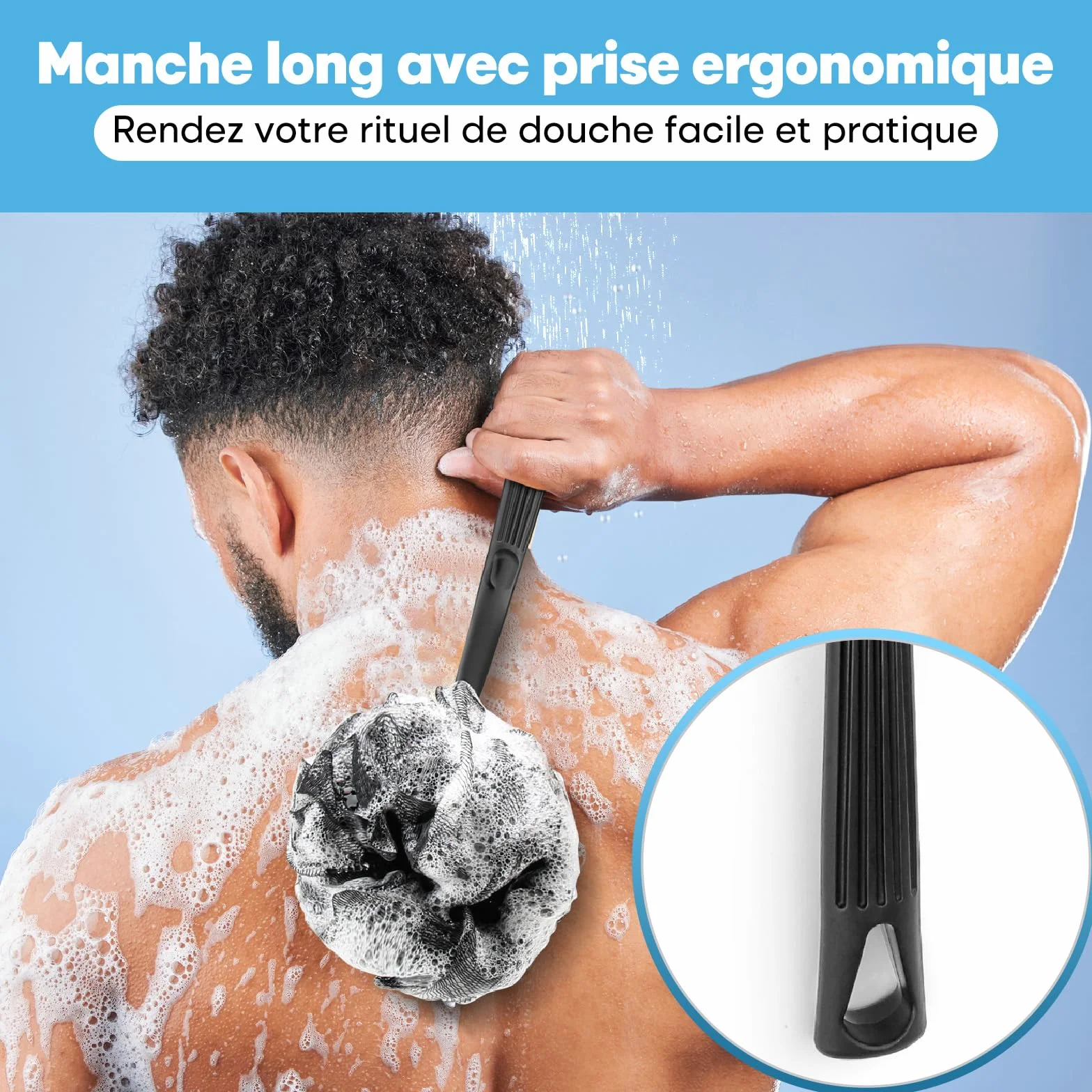 Brosse de douche Loofah avec manche charbon 2 pièces pour exfoliation dos