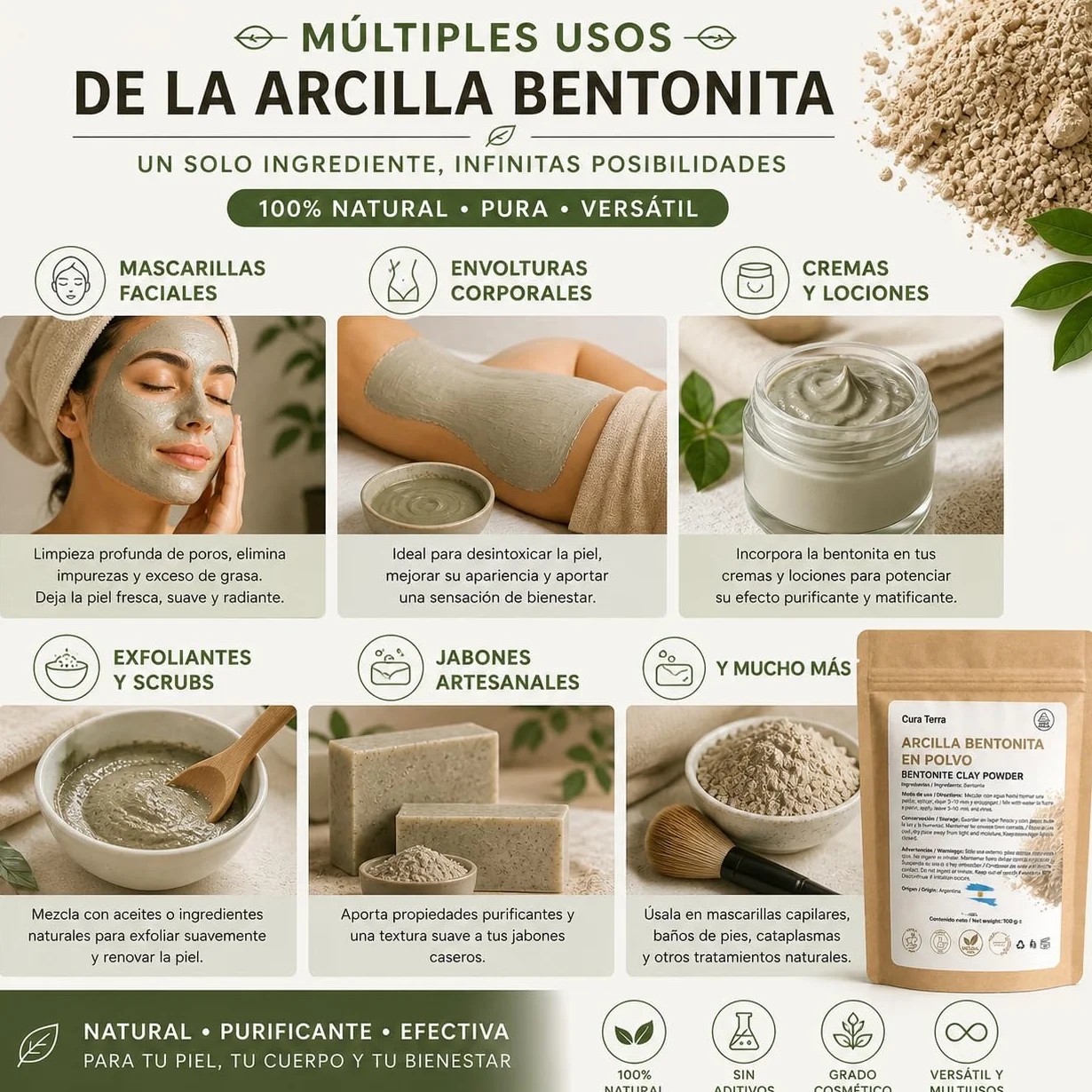 Poudre d'argile Bentonite 100 % Naturelle Argentine (100 g) pour masques faciaux et soins de la peau