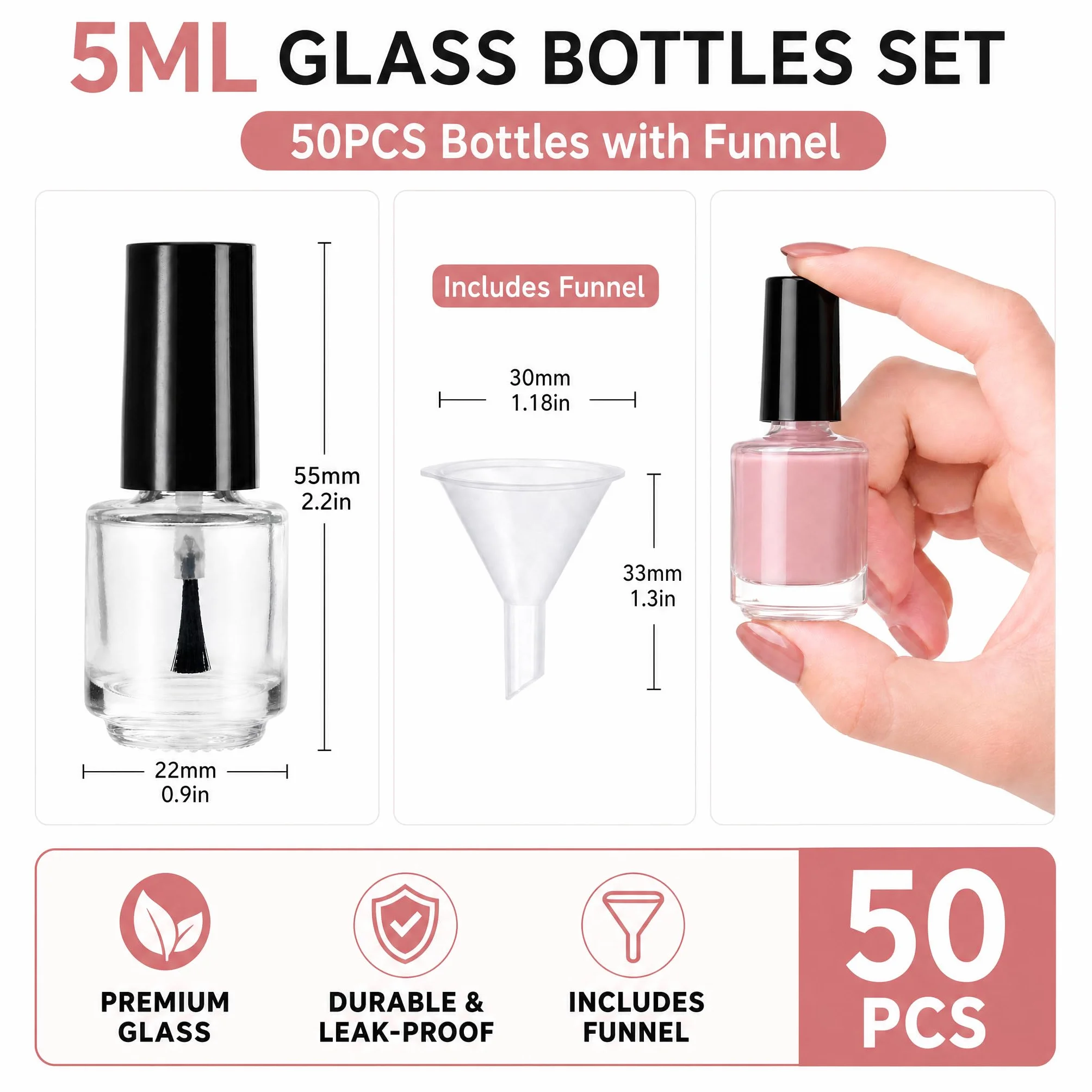 ZENFUN Lot de 50 flacons de vernis à ongles vides de 5 ml avec bouchon pinceau, récipients transparents pour vernis à ongles avec 6 entonnoirs en vrac, flacons rechargeables en verre pour nail art