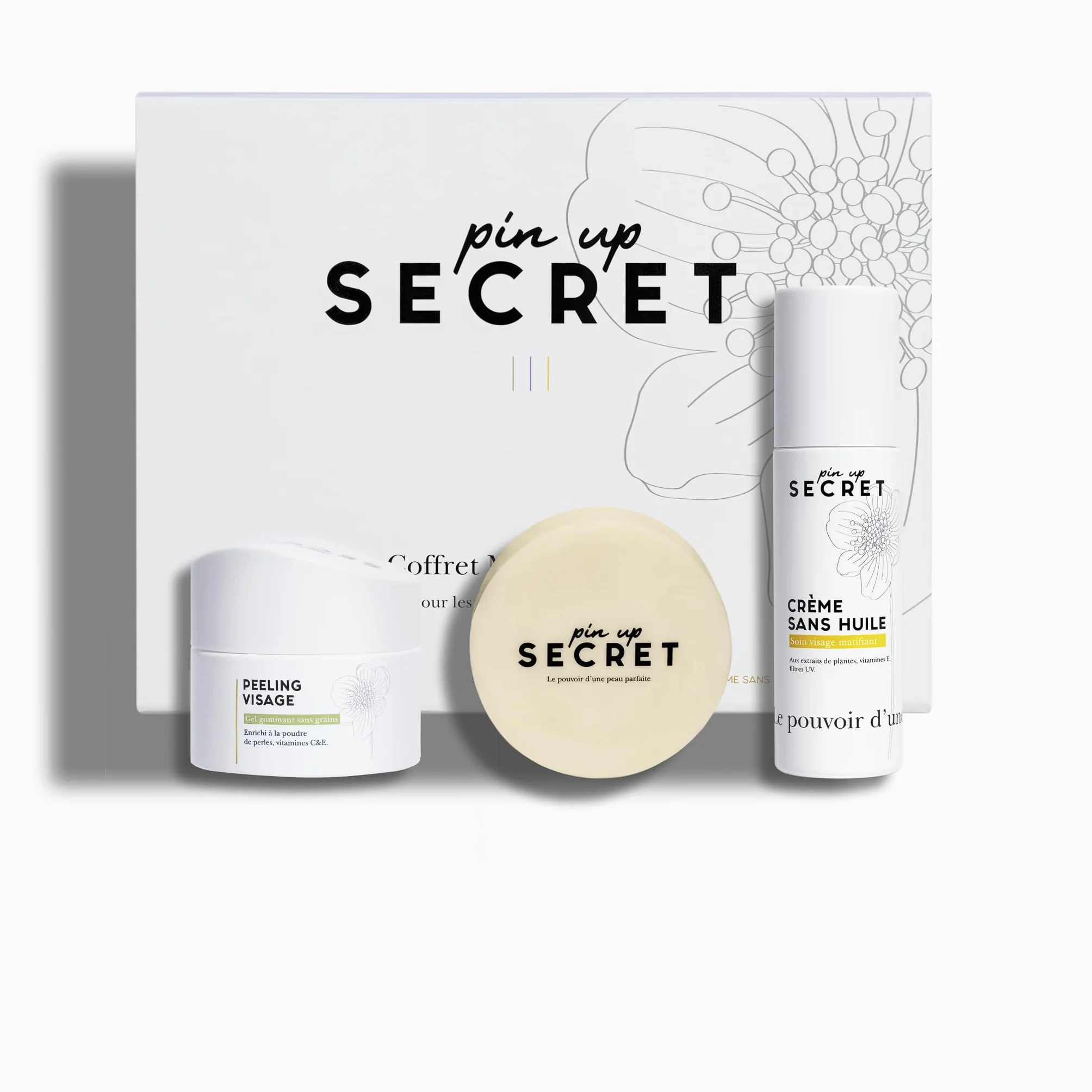 PIN UP SECRET - Coffret Visage Essentiels - Savon Secret Teint Précieux, Peeling et Crème Sans Huile - 3 produits - Peaux Mixtes à Grasses