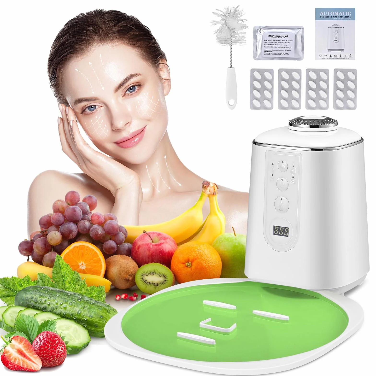 Machine à masques faciaux avec 32 pièces de collagène, masque naturel DIY, masques de vision à faire soi-même, voix intelligente, nettoyage automatique, cadeau pour les femmes