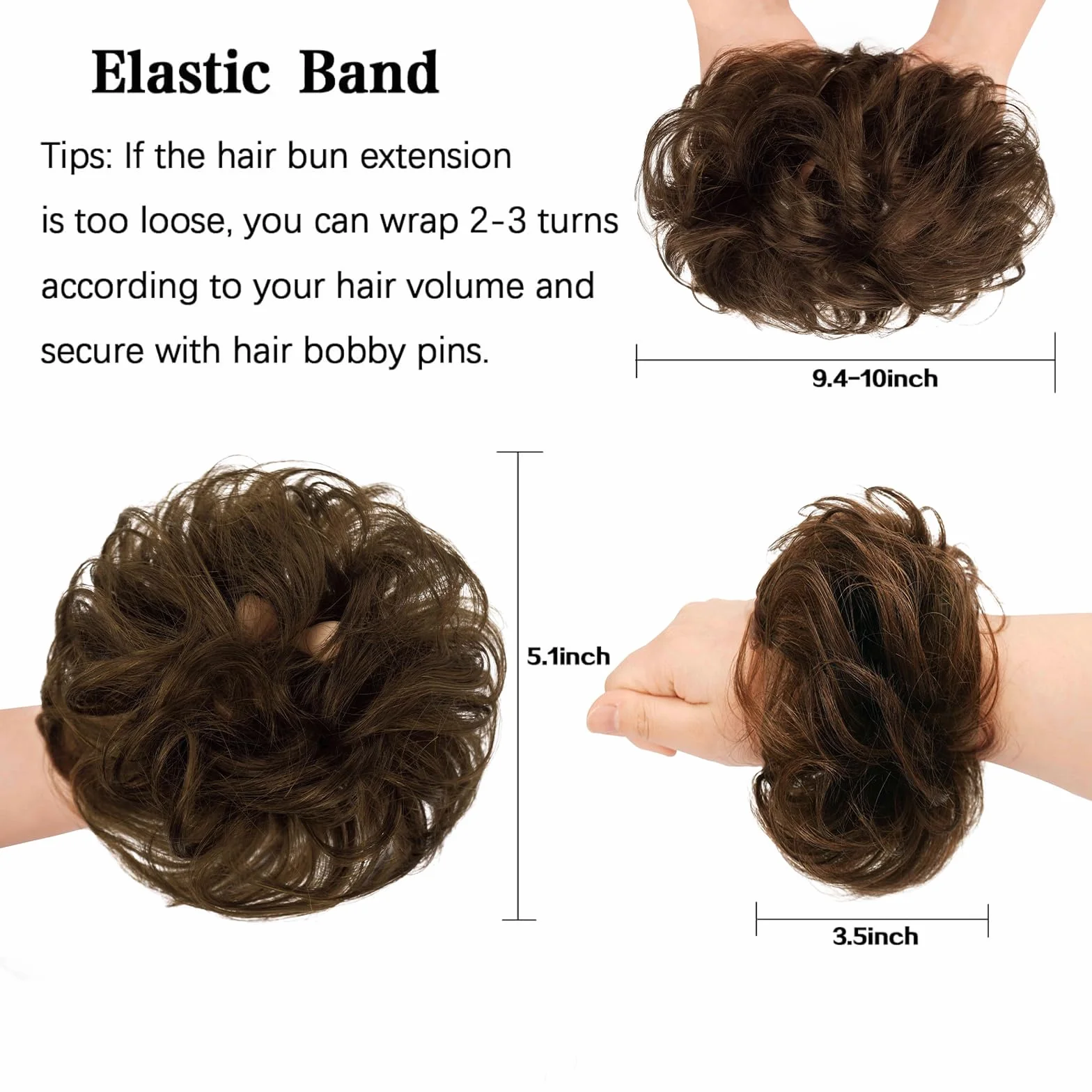 FESHFEN Postiche Chignon Naturel - 100% Humains Cheveux Ondulés Chouchou Postiches Extension Elastique pour Femme, Blond mélangé Chatain Clair