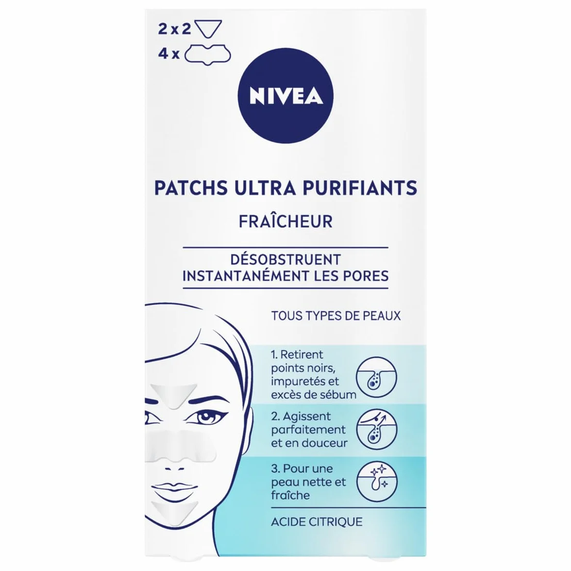 NIVEA Patch Visage Ultra Purifiant Fraîcheur Désobstrue Pores Retire Points Noirs Impuretés Sébum Peau Purifiée Nette Fraîche Acide Citrique x6