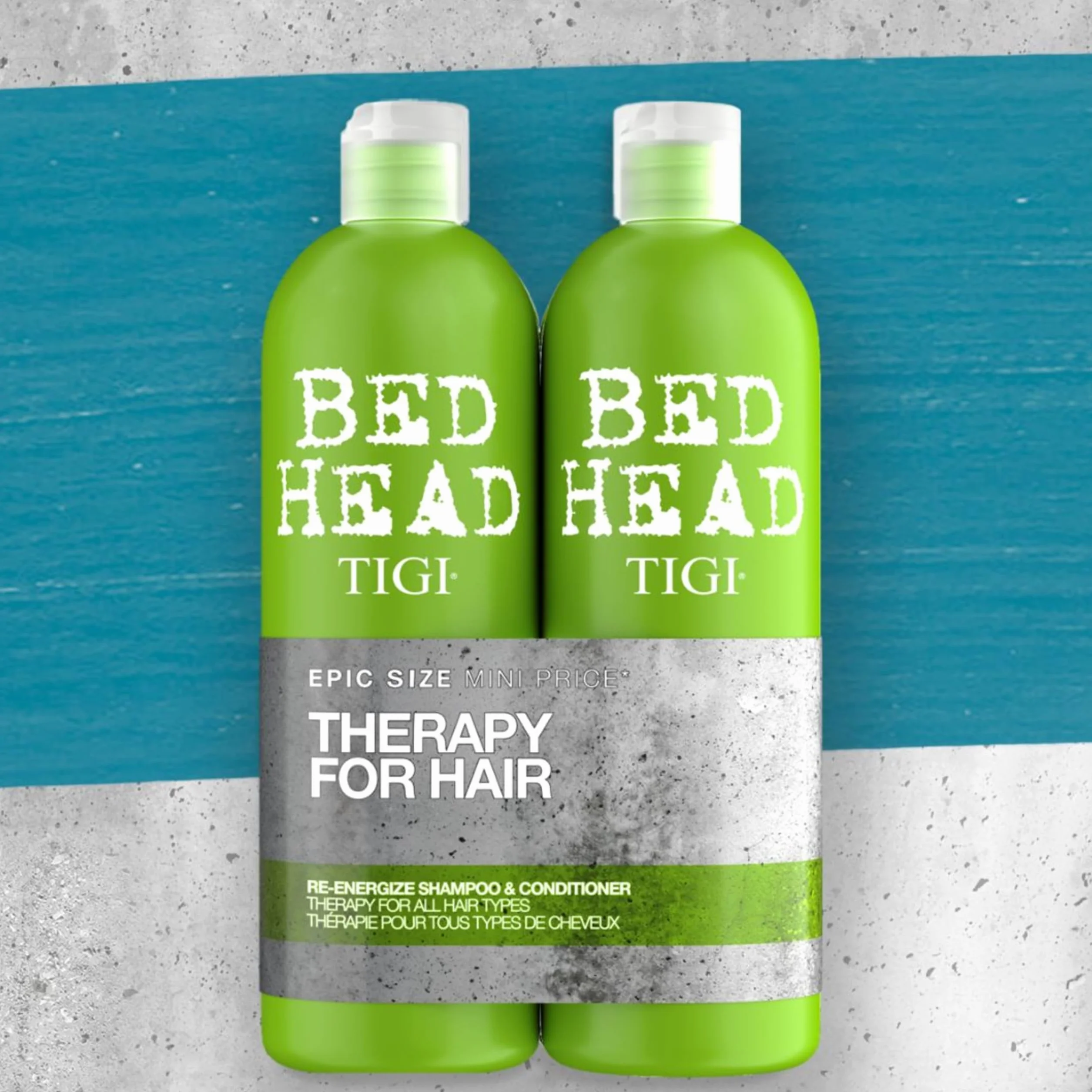Bed Head by TIGI - Re-Energise Pack shampooing et après-shampooing énergisant - Soin capillaire professionnel pour un nettoyage en profondeur - Tous types de cheveux - 2x750 ml