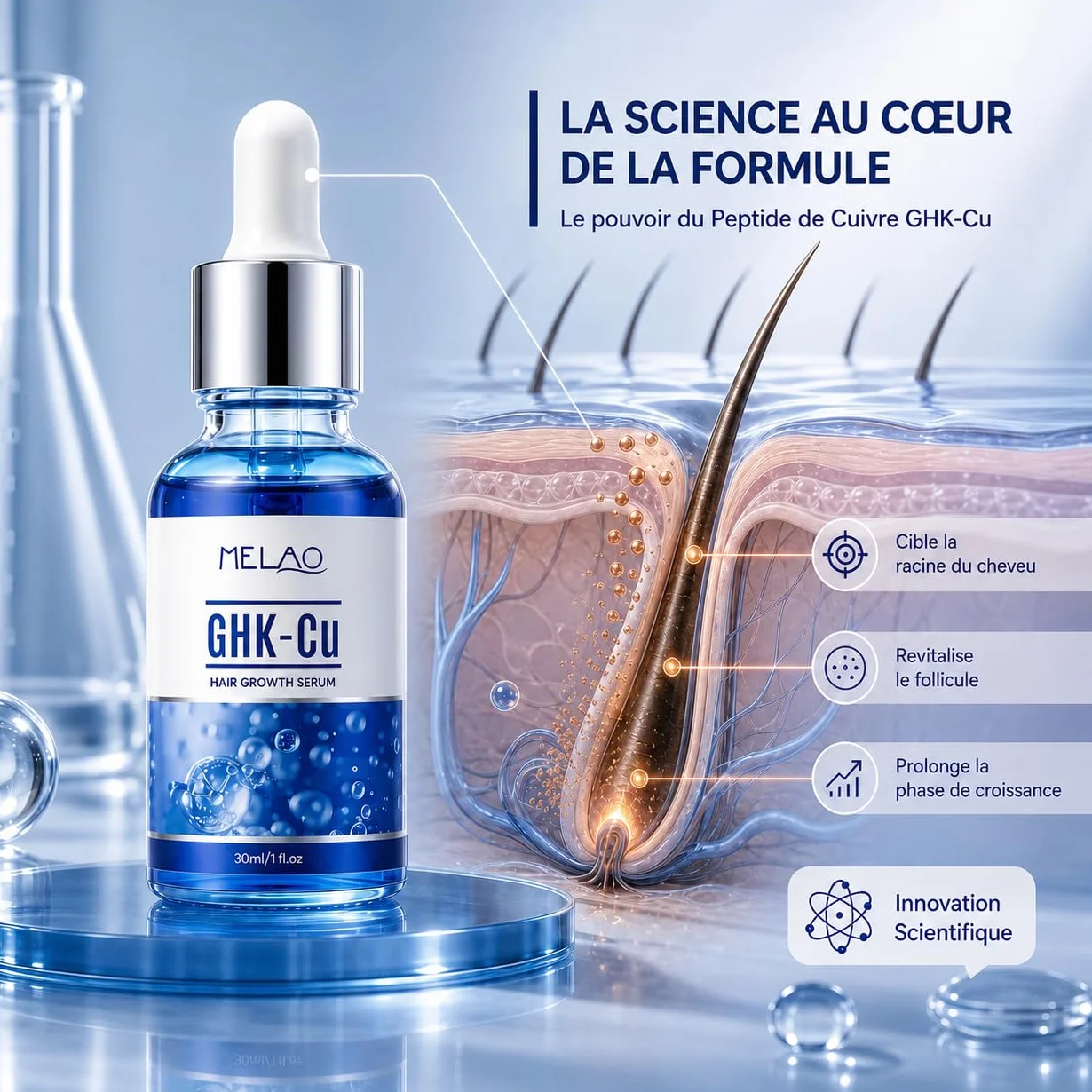 GHK-Cu Copper Peptide Hair Growth Serum 30ml Anti Chute Cheveux Soin Cuir Chevelu Nourrissant Vegan