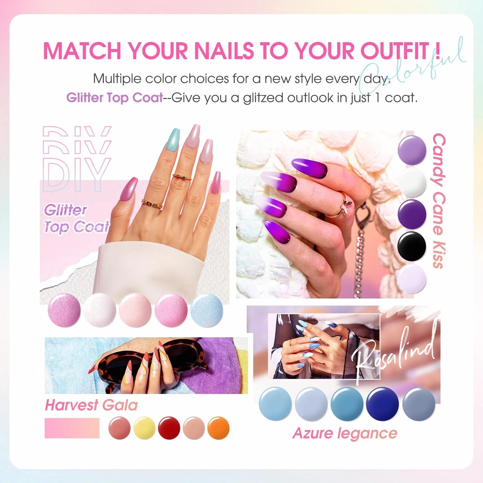ROSALIND Vernis Semi Permanent 48 Pièces Kit Manucure UV LED Couleurs Gel Blanc Rose Pourpre Jaune Orange Rouge Bleu Gris Vert Marron Noir
