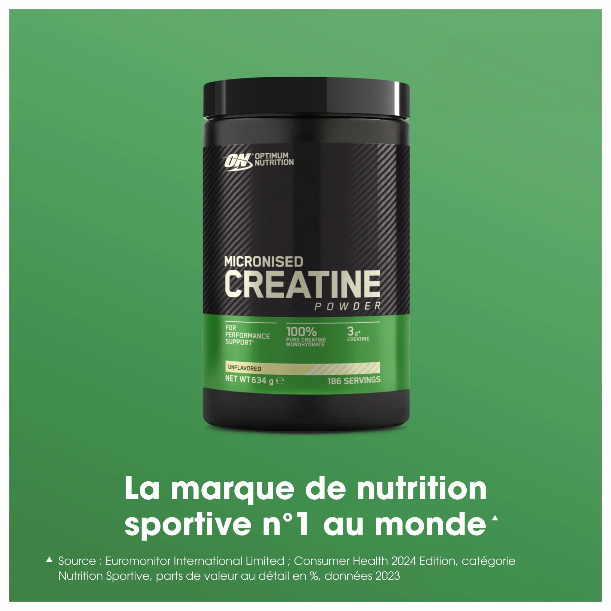 Optimum Nutrition Créatine Micronisée en Poudre, Sans Arôme, 634g, 186 Doses