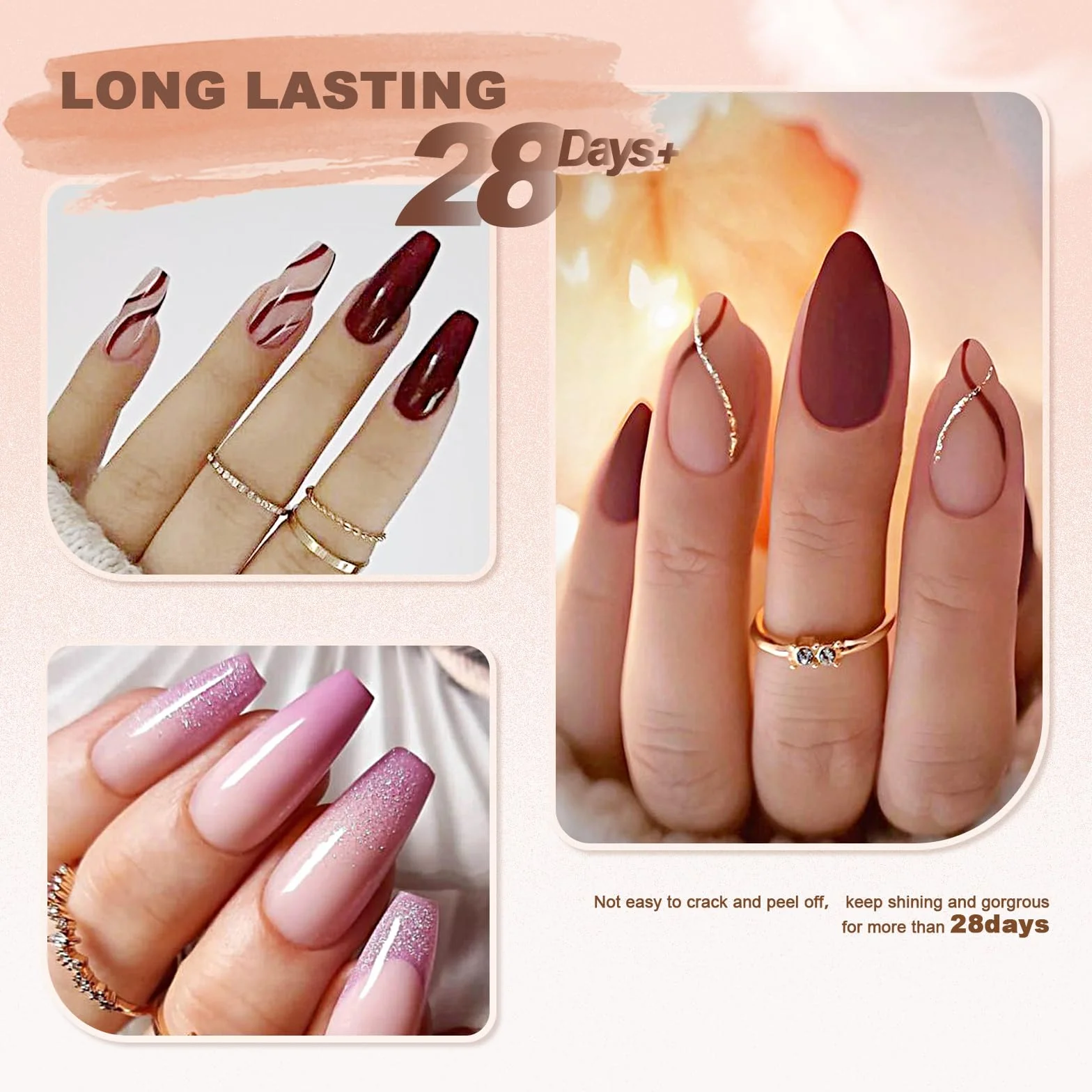 Kit de trempage pour ongles - Lot de 8 poudres - Collection classique nude rose et marron - Pailletée - Sans lampe