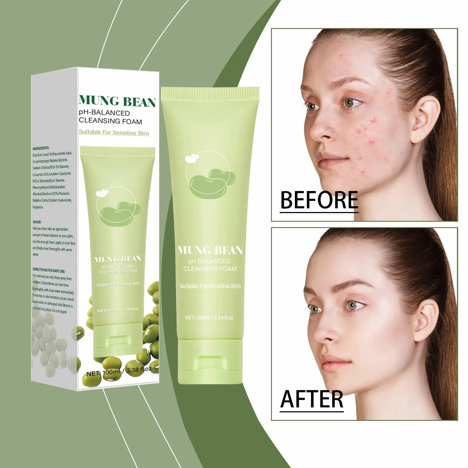 Mousse nettoyante au pH de haricots mungo (160 ml) - Sans parfum, non comédogène, testée, nettoyante pour le visage en profondeur - Convient pour les peaux sensibles - Nettoyant pour masque facial (3)