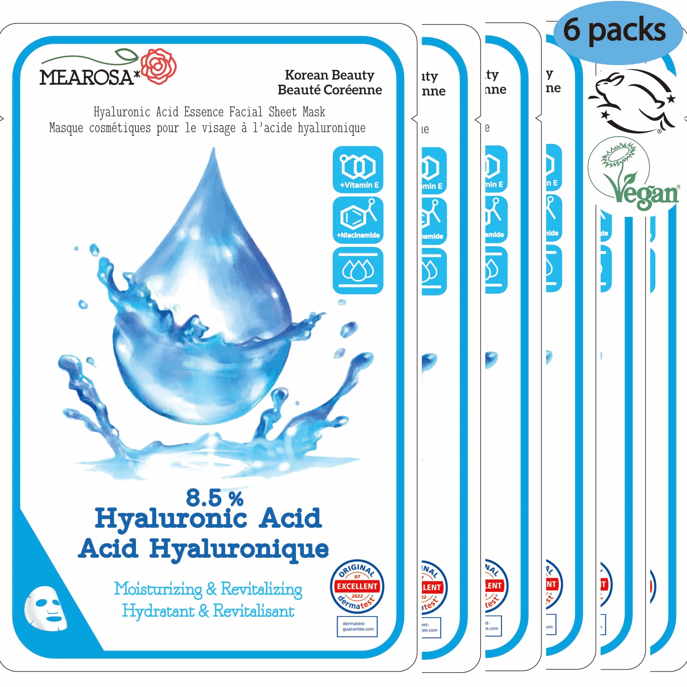 Masques pour Visage à l'Acide Hyaluronique, Niacinamide, Vitamine E 8,5% Hydratant Peau Sensible