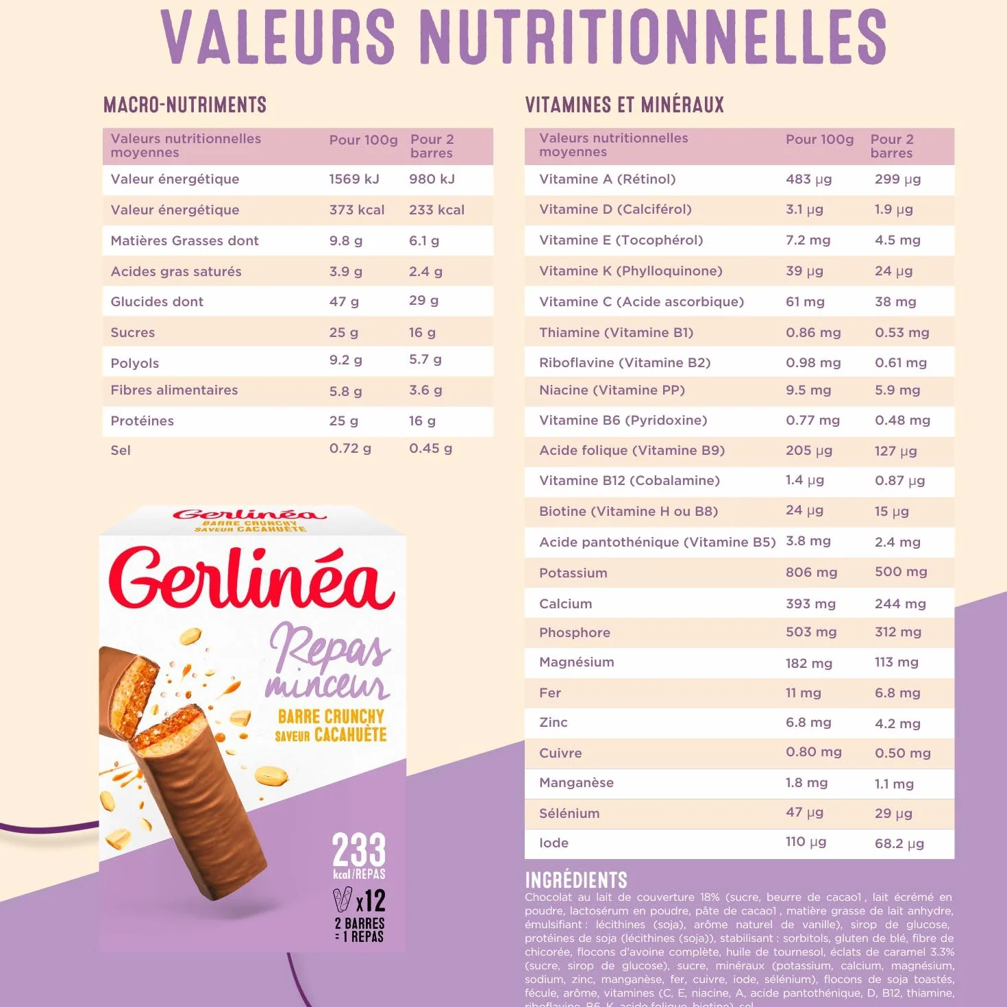 GERLINÉA Barre Repas Crunchy Chocolat au Lait Cacahuète Substitut de Repas Minceur Protéiné 240 Kcal 12 Barres 372 g