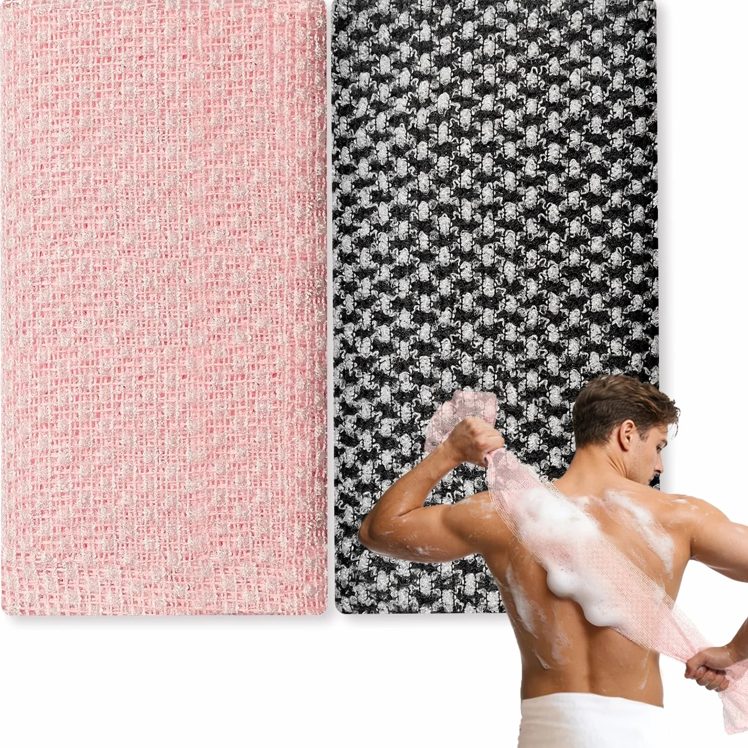 Serviette Exfoliante en Maille Longue 25 x 100 cm pour le Dos Hommes Femmes Noir Rose