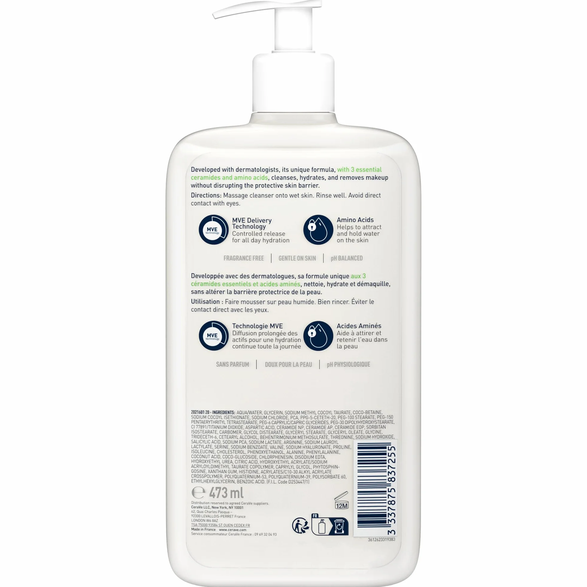 Crème Moussante Nettoyante Hydratante Visage et Corps 473ml Céramides Acide Hyaluronique Peaux Normales à Sèches