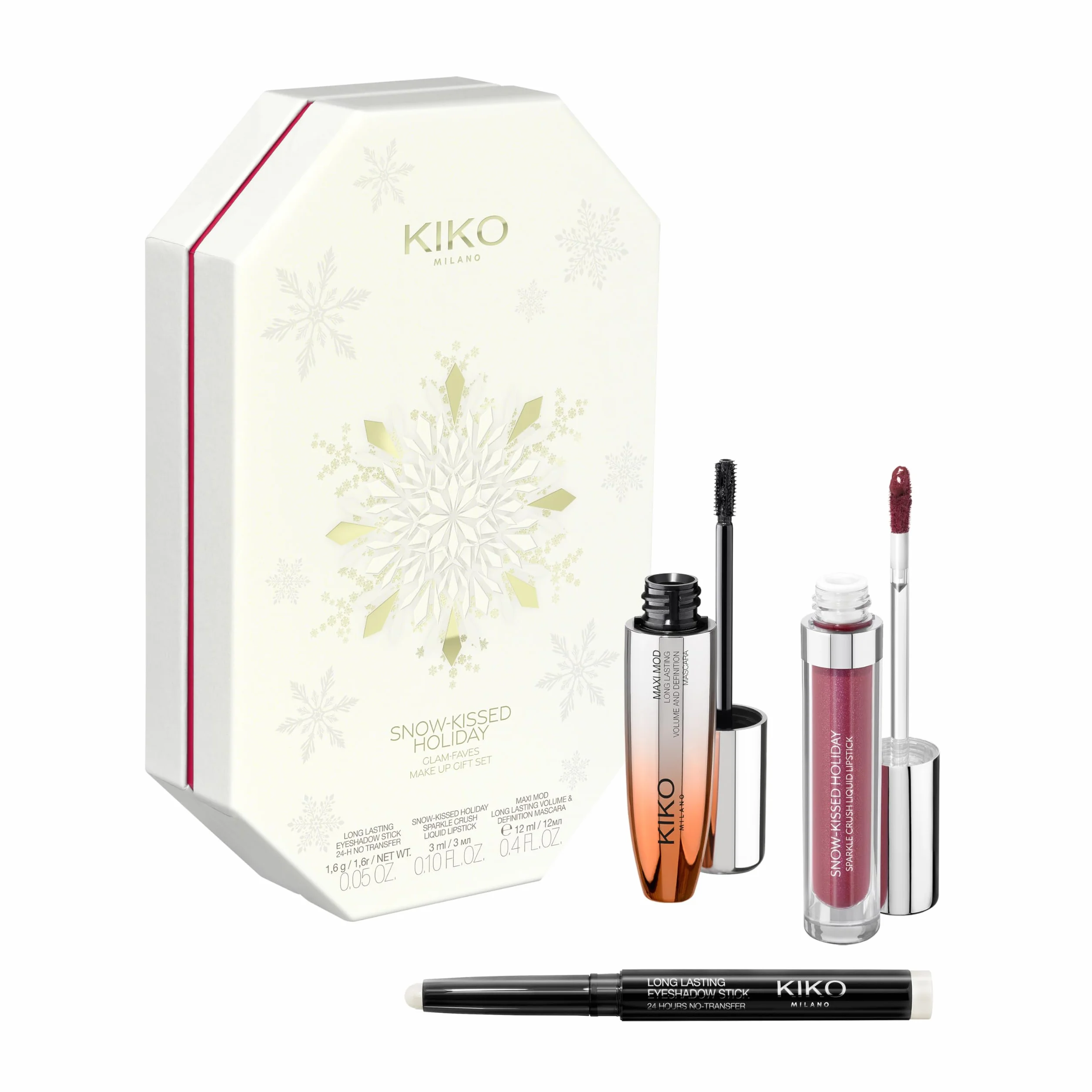 KIKO Milano Snow-Kissed Holiday Glam-Faves Make Up Gift Set, Coffret Cadeau Maquillage: Mascara Effet Volumateur, Rouge À Lèvres De Mat À Scintillant Et Ombre À Paupières En Stick