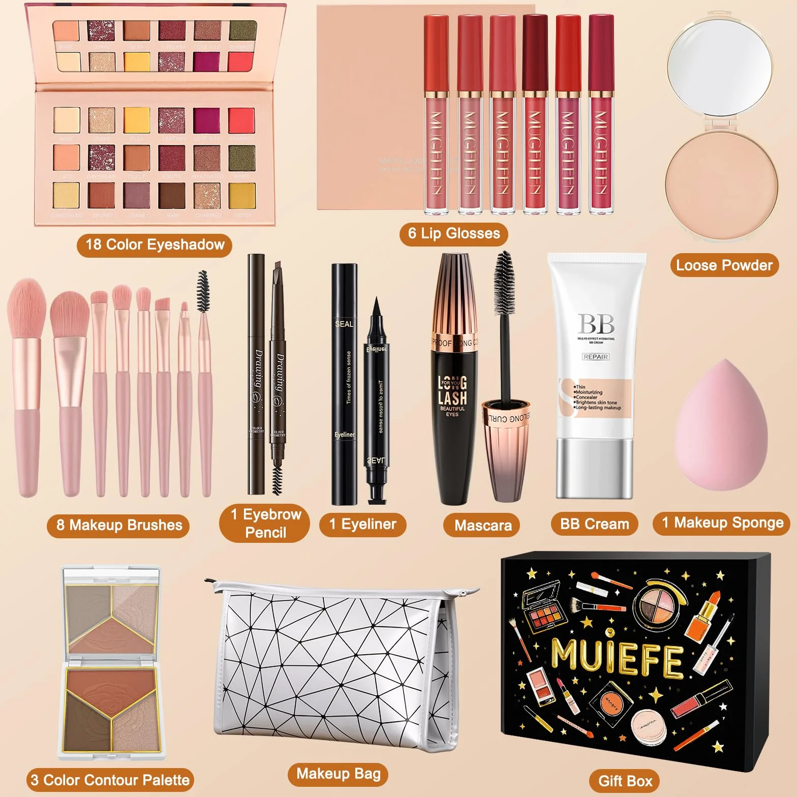 23 Pièces Coffret Maquillage Femme, Kit Maquillage Professionnel Complet, Coffret Cadeau Maquillage Ado Fille avec Palette de Fards à Paupières, Gloss à Lèvres, Eyeliner, Mascara, Pinceaux