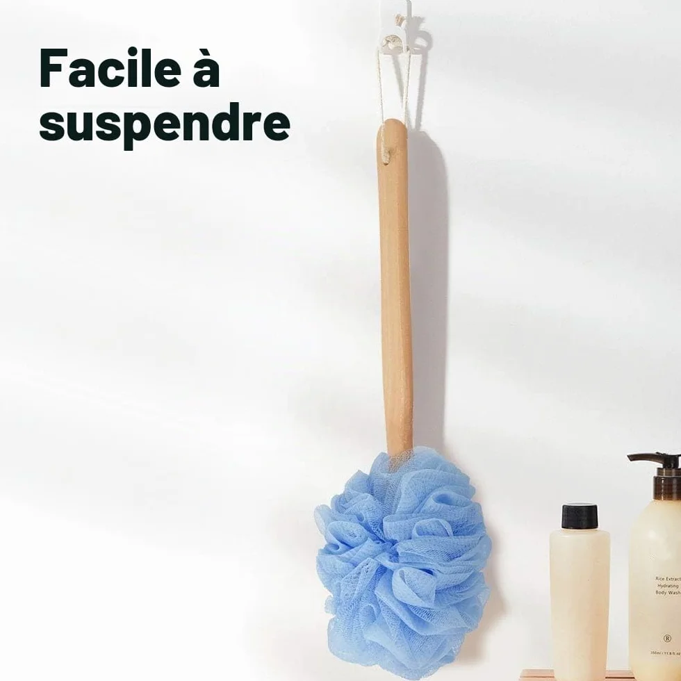Pineker Brosse de bain en bois à long manche avec maille luffa pour exfoliation