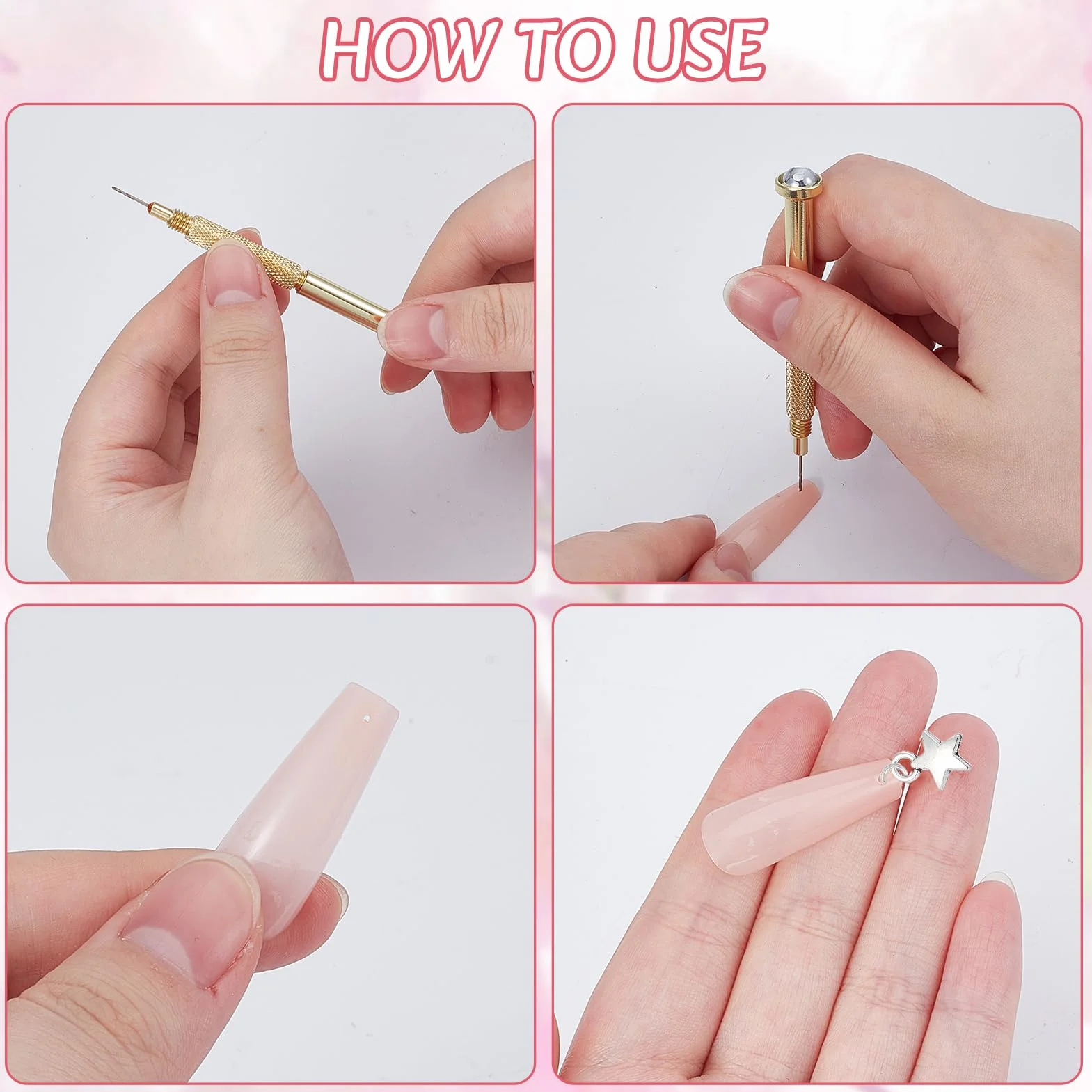NICENEEDED Breloque Pendante Nail Art 3D Étoile Lune Argentée Anneaux Ongles Alliage Argenté avec Outil Perçage Décoration Artistique
