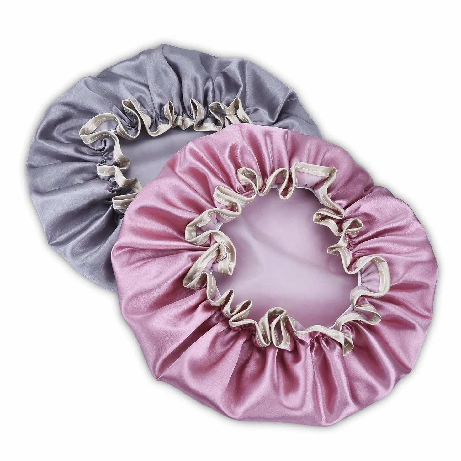 Lot de 2 bonnets de douche imperméables réutilisables double couche élastiques pour femme Rose Gris