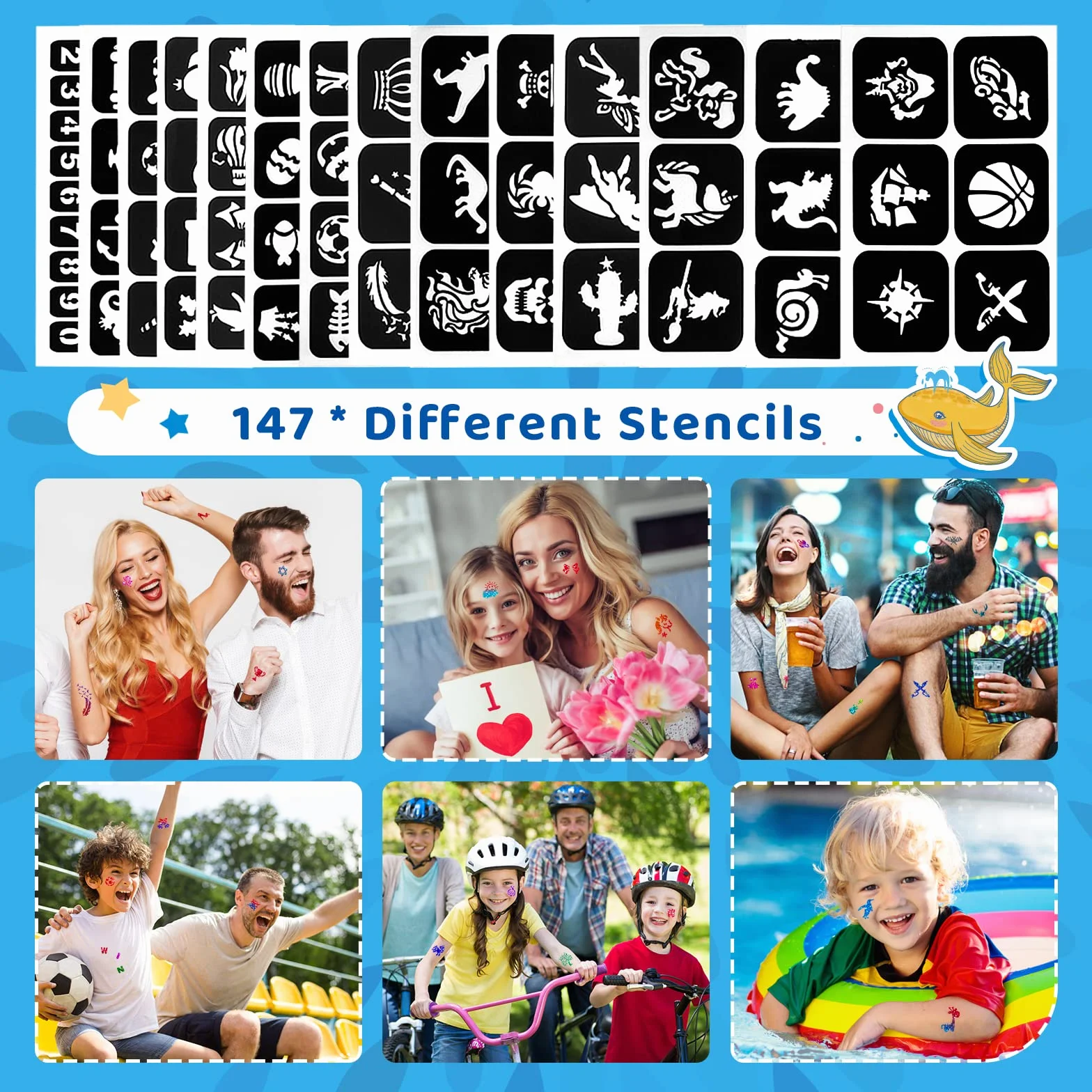 Kit Tatouage Temporaire- Bledras Tatouage Enfant 30 Couleurs, 147 Pochoir Tatouage, 4 Pinceaux- Tatouage Éphémère Imperméable, Coffret Cadeau Garçons Filles, Tatouage Paillettes pour Cosplay, Fête