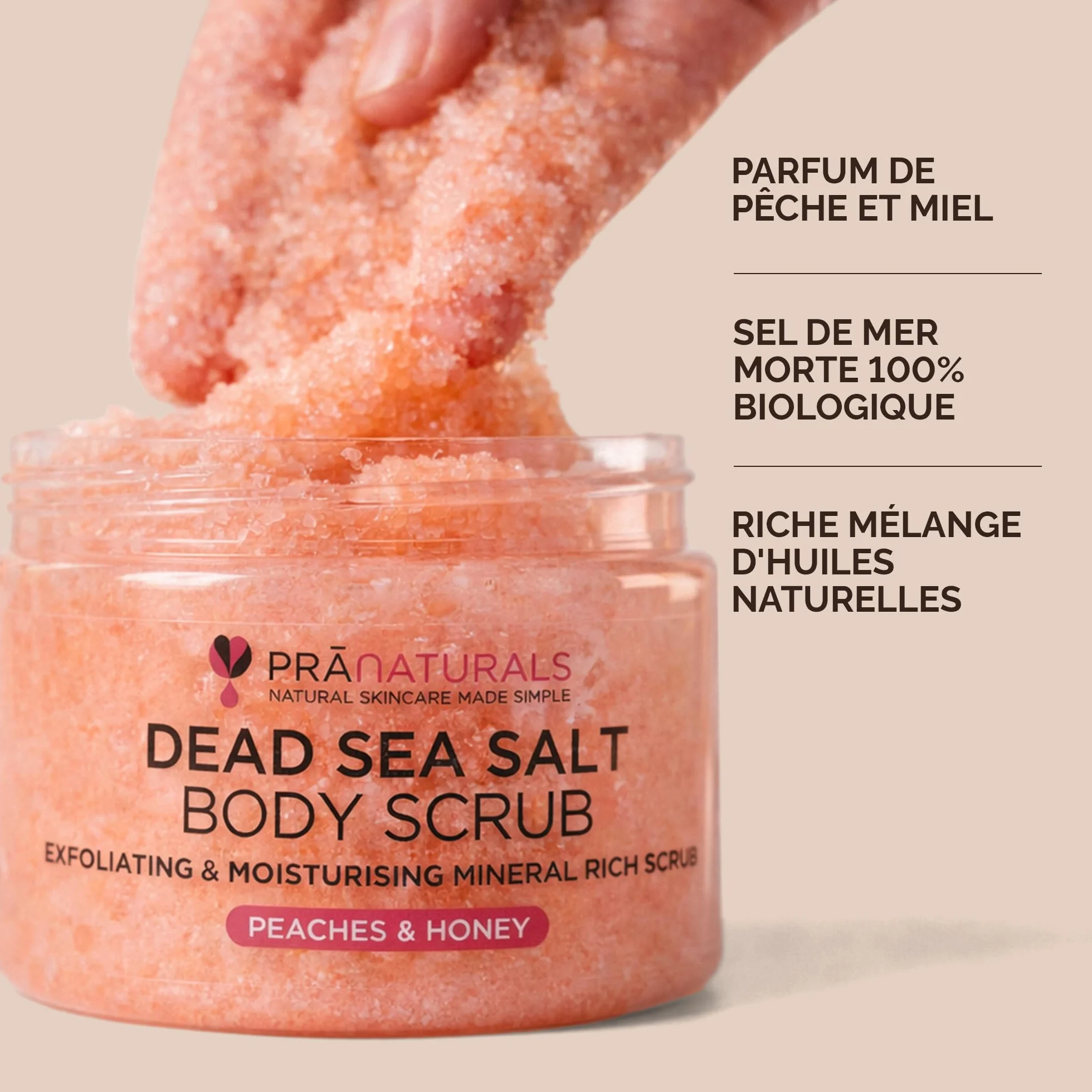 PraNaturals Gommage au Sel de la mer Morte 500 g – Hydratant & Nourrissant, aux Huiles Naturelles & Minéraux, Sans Parabens, Végan