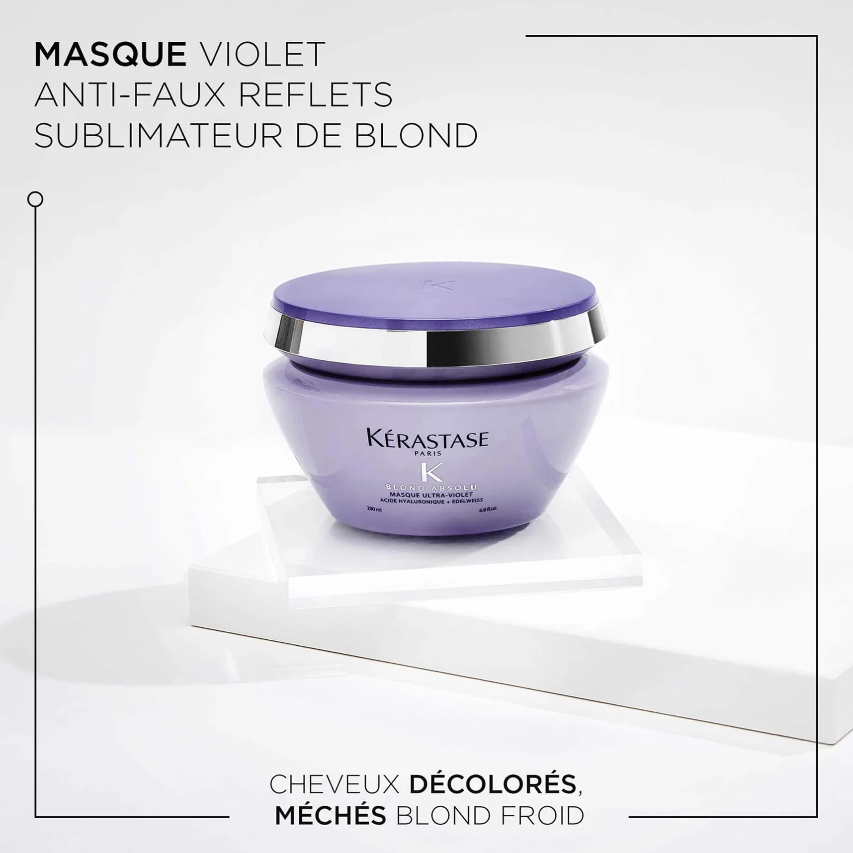 KÉRASTASE Blond Absolu Masque Capillaire Ultra-Violet Nourrissant Anti-Reflets Jaunes Acide Hyaluronique Edelweiss Cheveux Blonds Décolorés Méchés 200 ml