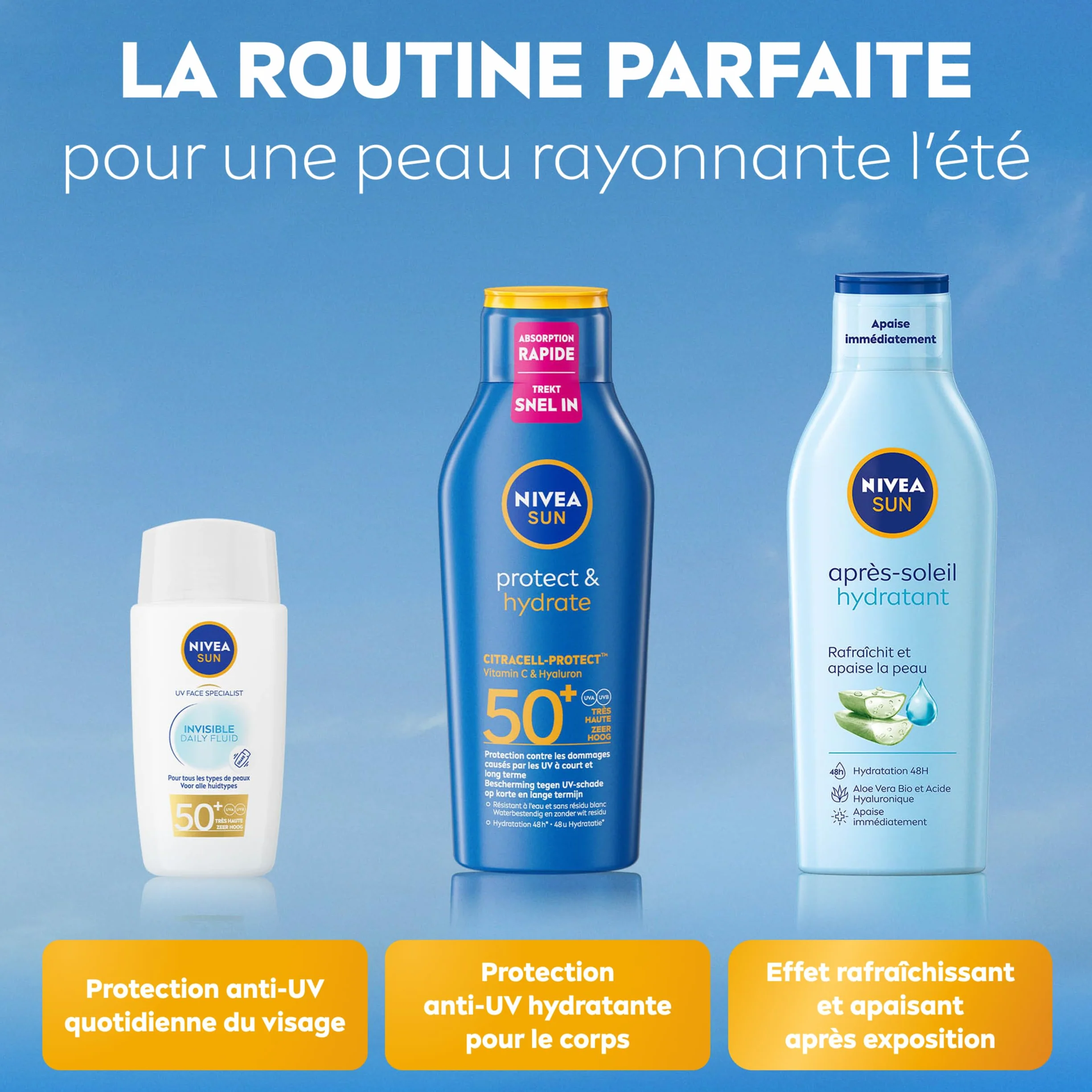 NIVEA SUN Lait Solaire Protect & Hydrate SPF 50+ 400 ml Crème Solaire résistante à l'eau Haute Protection Visage et Corps