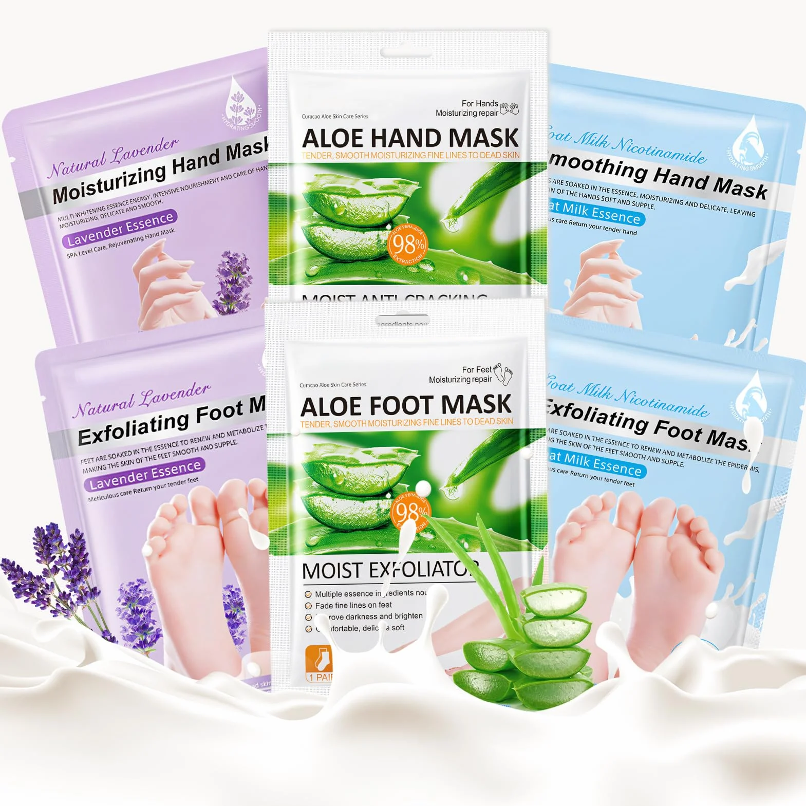 Masque Pieds Peeling Exfoliant Gants Hydratants Lavande Lait de Chèvre Aloès 3 Paires