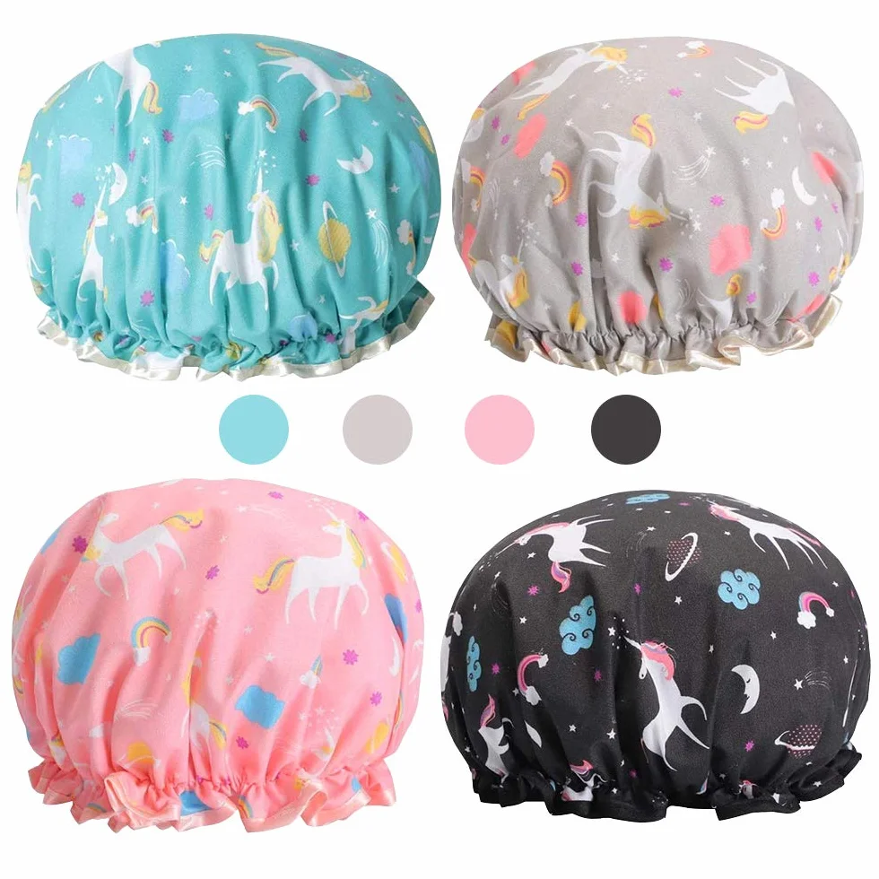 Bonnet de Douche Imperméable 4 Pièces Réutilisables Licorne, Accessoire Cheveux pour Femmes Filles Spa Salon