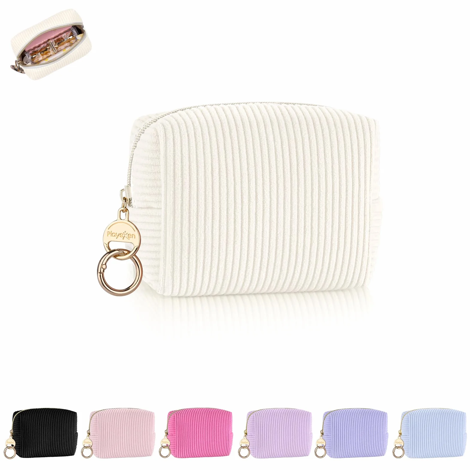 Pochette Maquillage Femme en Velours Côtelé Beige 11x5,5x8,5cm