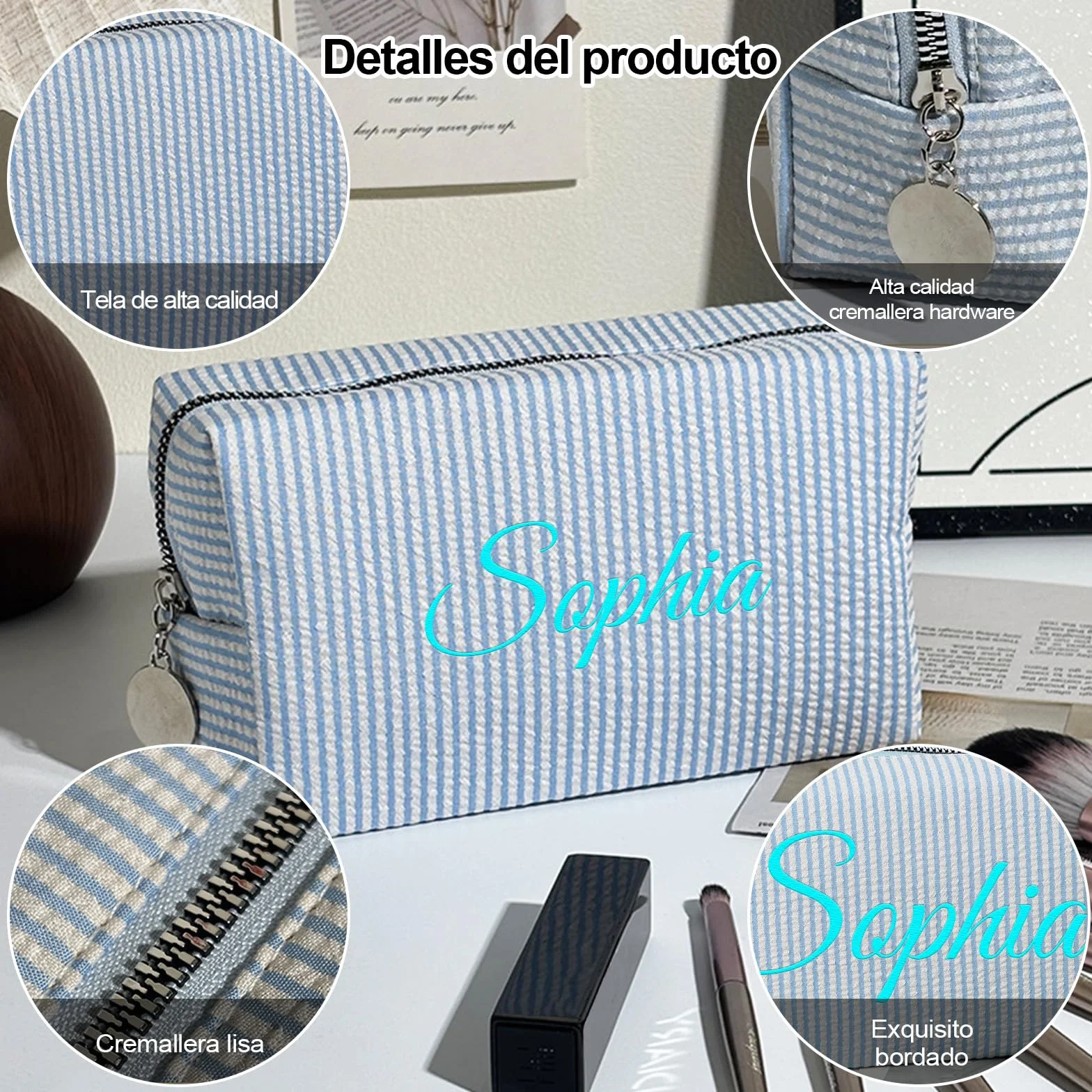 Trousse de Maquillage Personnalisée avec Nom, Sac Cosmétique en Tissu à Rayures, Grande Capacité, Multicolore, Cadeau pour Femme (Rouge)