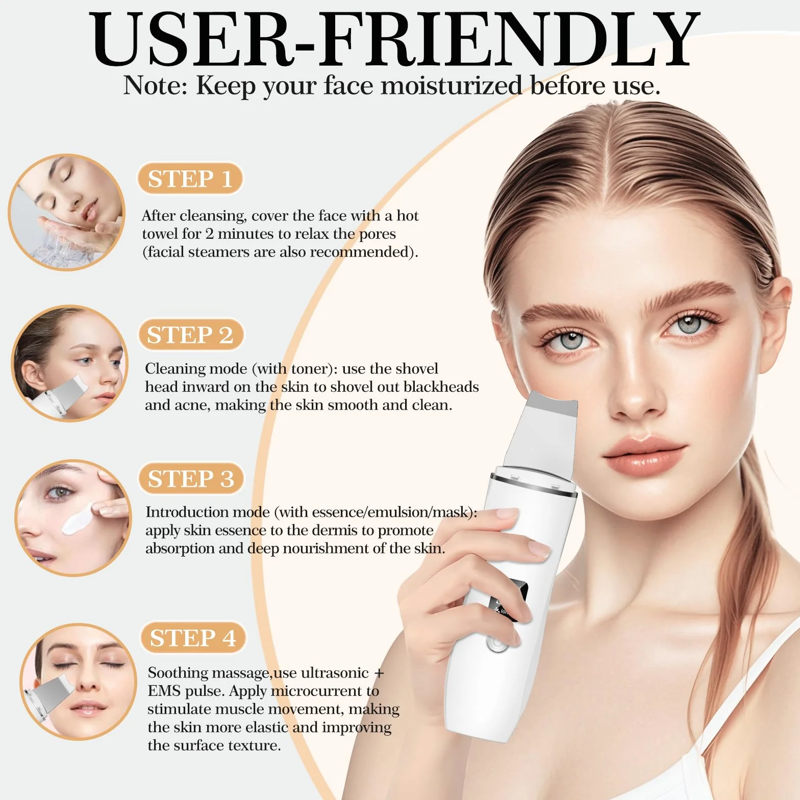 Appareil exfoliant ultrasonique pour la peau, élimine les points noirs, nettoie les pores et les rides, nettoie le visage en profondeur, 4 modes, rechargeable par USB, 2 protections en silicone