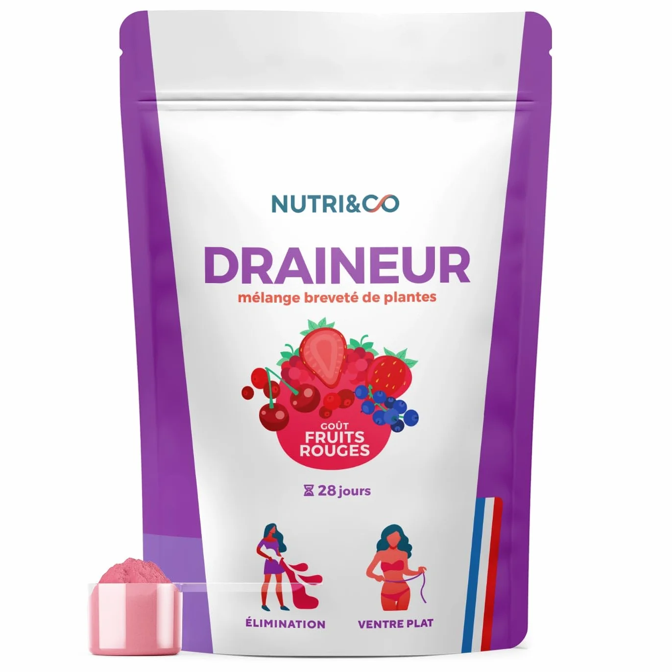 NUTRI & CO Draineur Rétention d’Eau Puissant - Poudre de Cassis & Extraits de Plantes Breveté Elimreal® - Ventre Plat & Ballonnements - Goût Fruits Rouges 100g Vegan