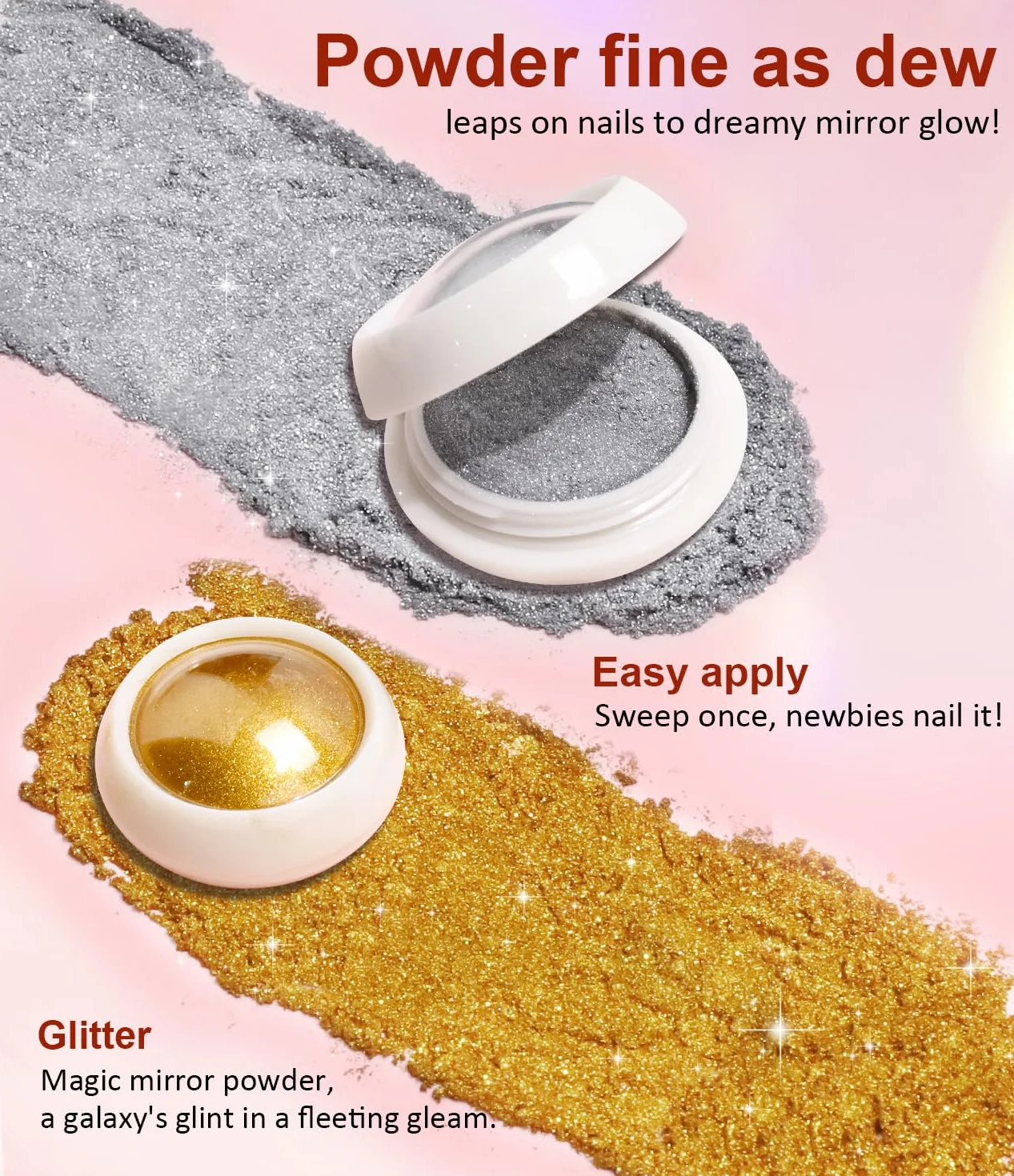 Kit de décoration d'ongles chromé et gel 3D 4 en 1, poudre miroir sans essuyage, or rose et argent, base solide transparente