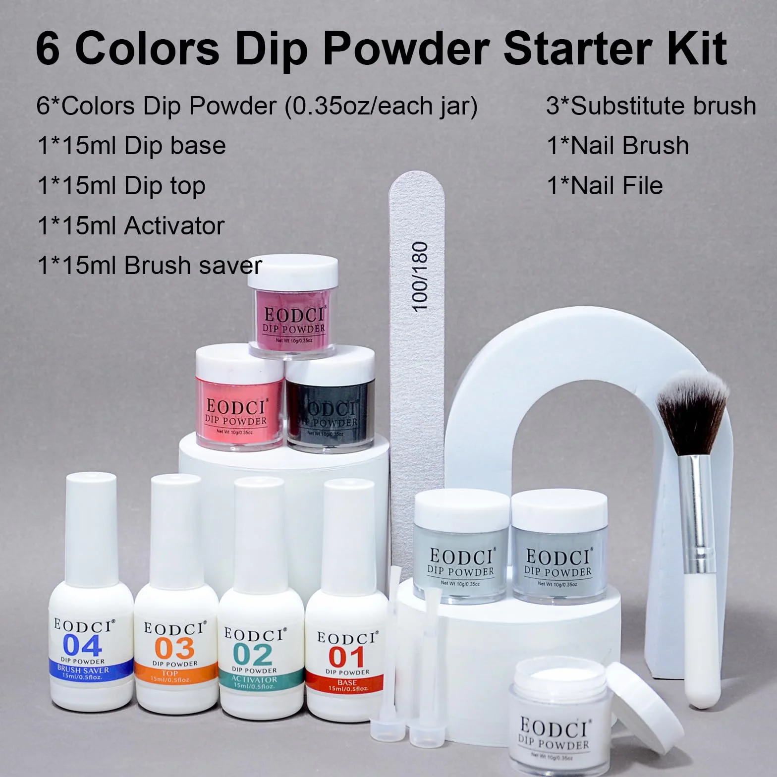 Kit de Poudre à Ongles 12 Pièces 6 Couleurs Noir Blanc Paillette Acrylique avec Base Finition Activateur Pinceau Manucure