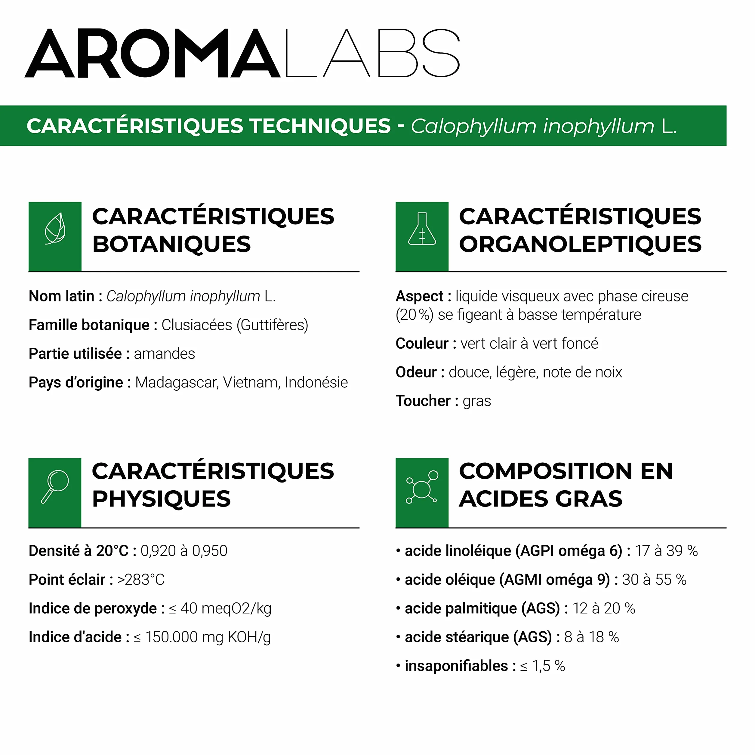 Huile Végétale Vierge Certifiée Cosmos Calophylle Inophyle BIO 50 mL Aroma Labs Made in France