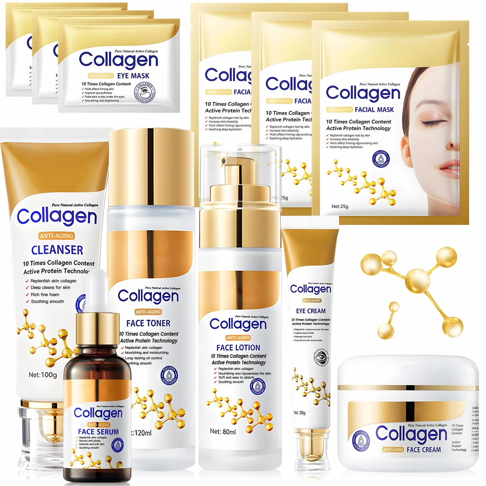 12PCS Collagène Coffret Soin Femme, Coffrets de Soins pour la Peau, coffret skincare Inclure Collagene Masque, Creme, Serum, Creme Yeux, Tonique, Atténue les Ridules, Hydrate et Nourrit la Peau