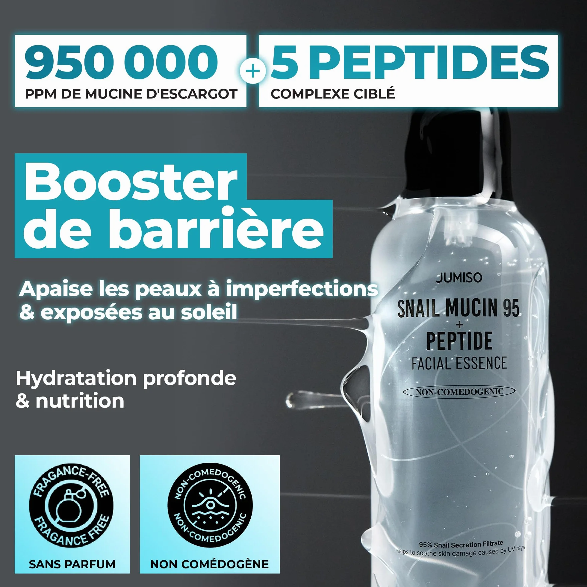 JUMISO Mucine d'escargot 95% + essence de peptide, sérum hydratant pour peaux sèches, hydratation quotidienne en profondeur
