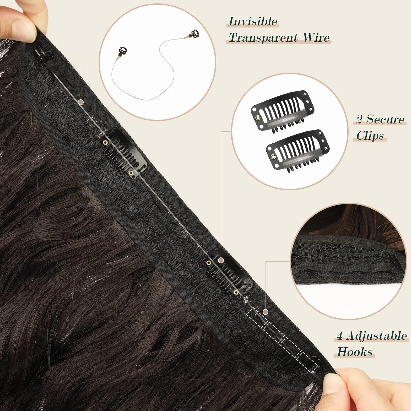 FESHFEN Extension Cheveux Fil Invisible Naturel - Longue Ondulés Fil Secrets Wire Hair Extensions Brun Foncé Synthétique Rajout Cheveux pour Femme, 50 cm