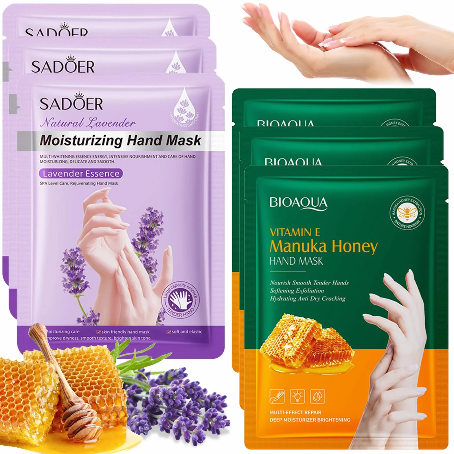 Masque Main Hydratant Miel Lavande 6 Paires Gants Hydratants pour Peau Sèche et Craquelée (Vert)