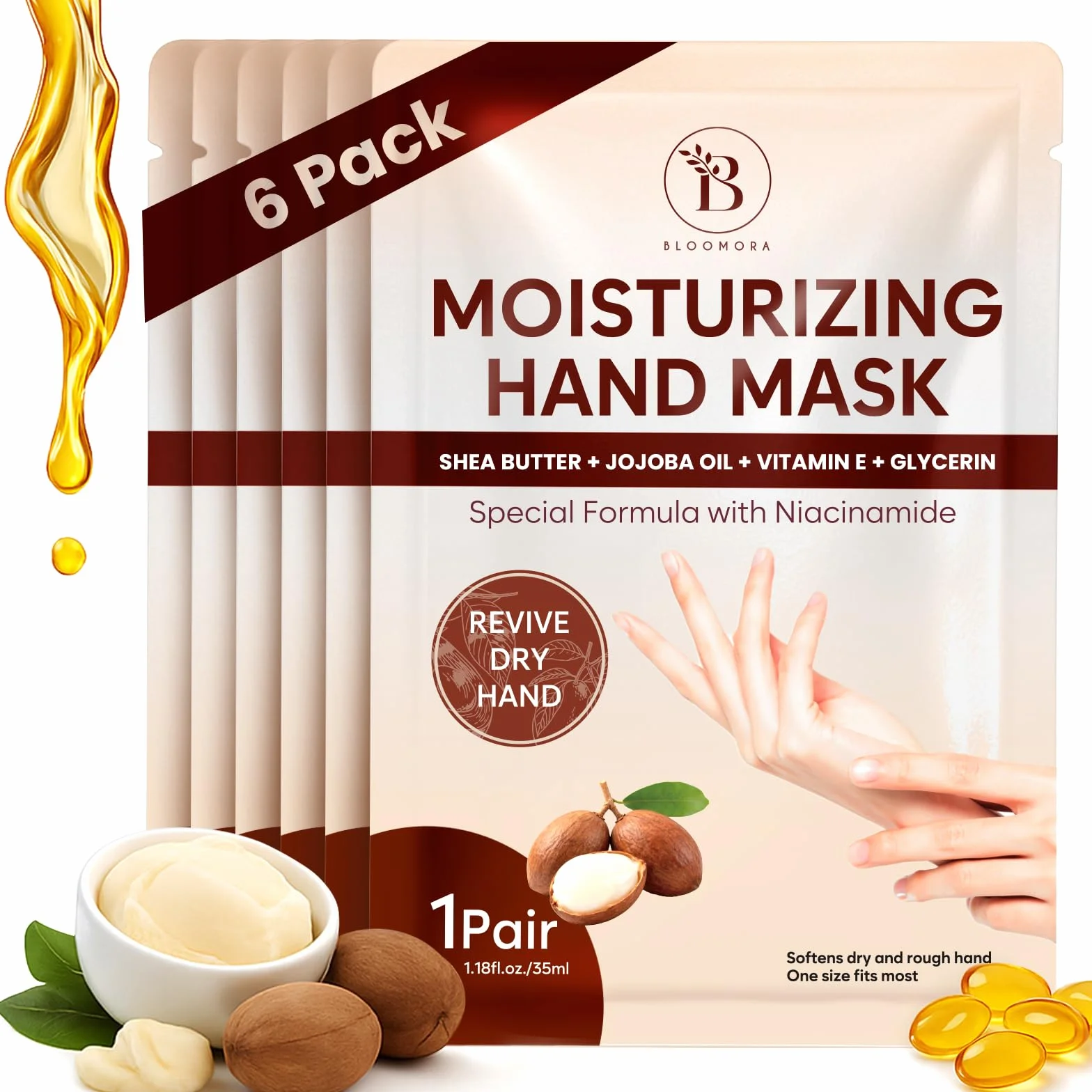 Gant Hydratant Main Beurre de Karité Huile de Jojoba Vitamine E Masque Nourrissant 6 Paires PAC2