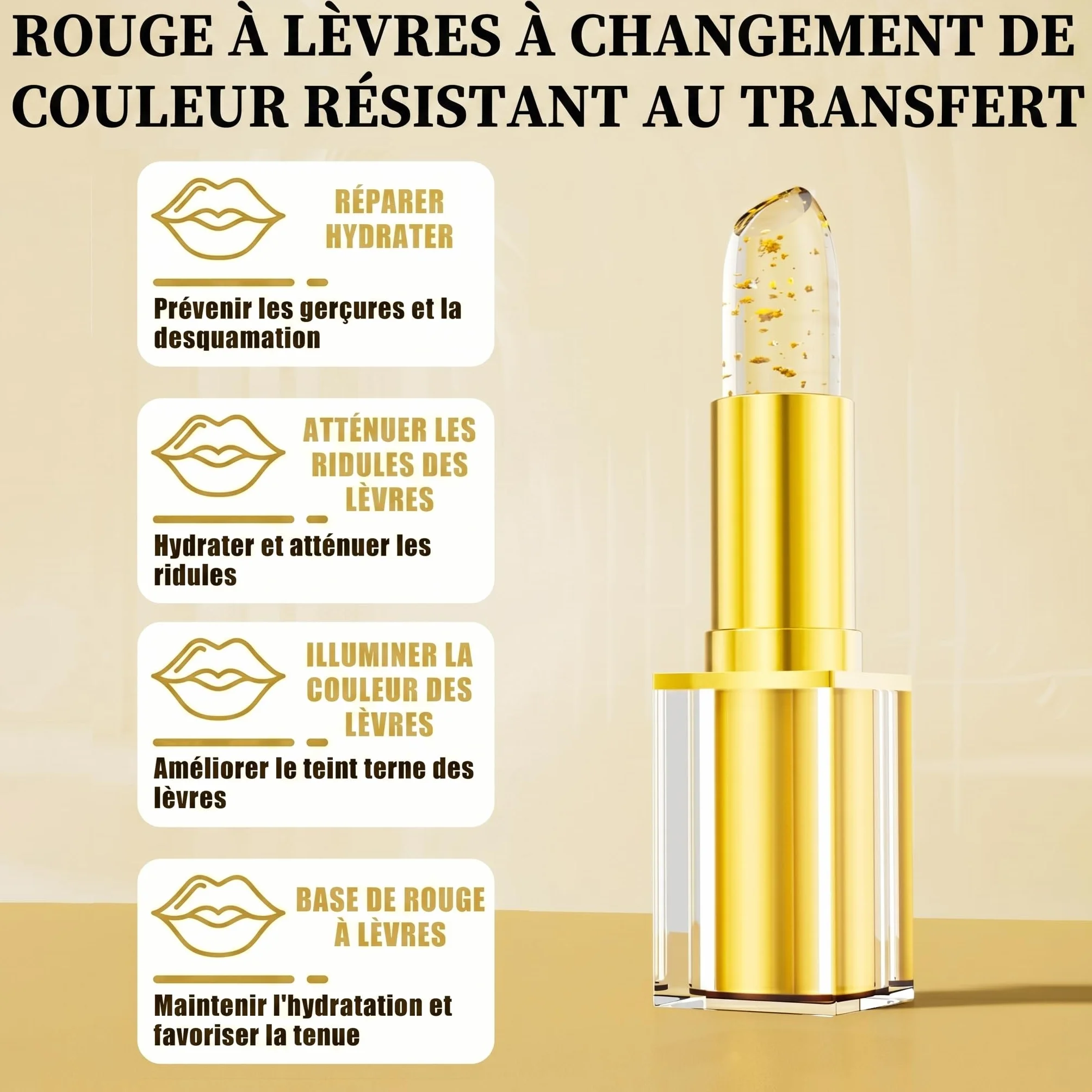 Rouge à Lèvres Magique Changeant de Couleur pH Adaptatif Longue Tenue Flocons d'Or