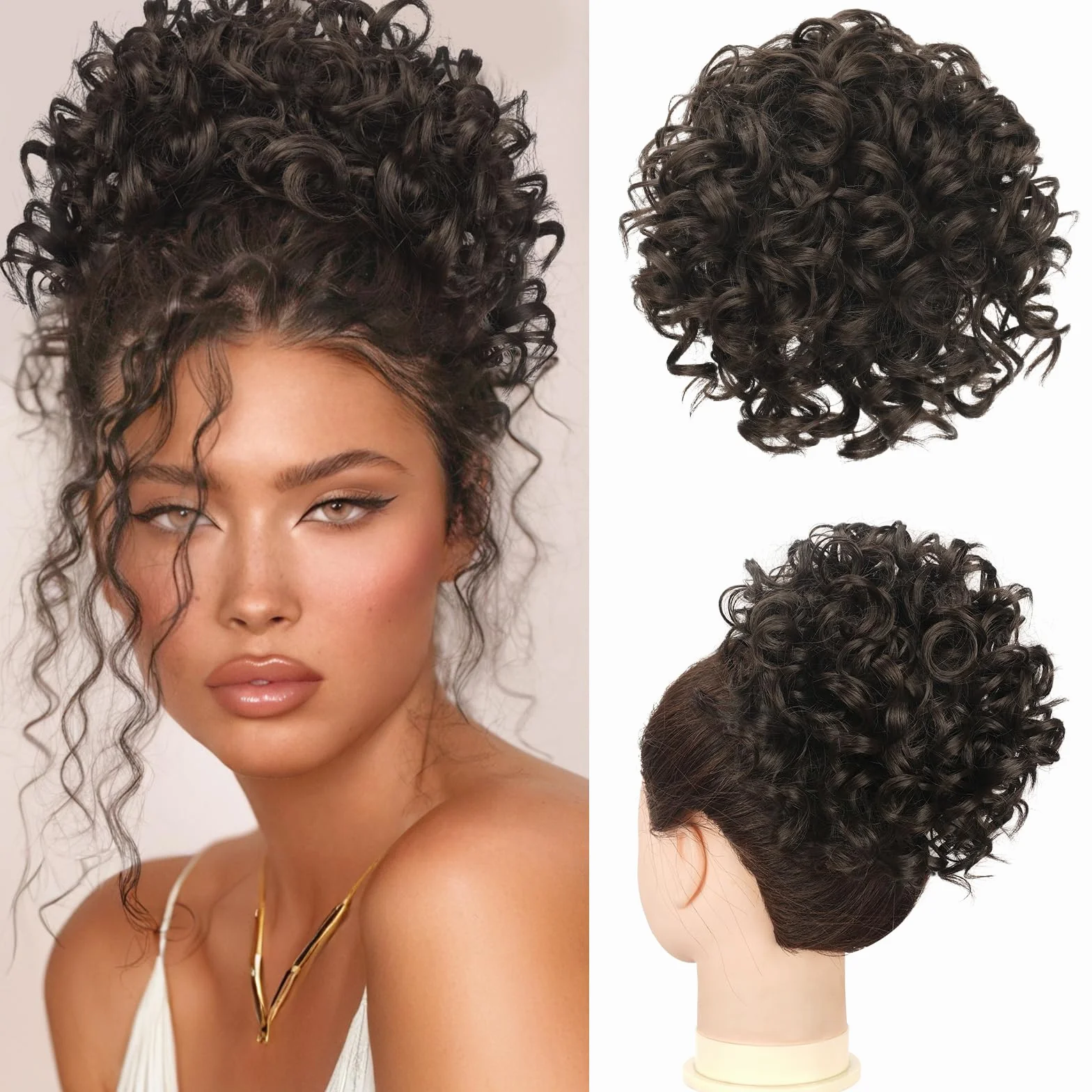 RUWISS Chignon Postiche Cheveux Grande Postiches Bouclés Ondulés Naturel Synthétique Chouchou Postiche de Cheval Chignon Elastique Cordon de Serrage pour Femmes Fille (80g Noir Marron)